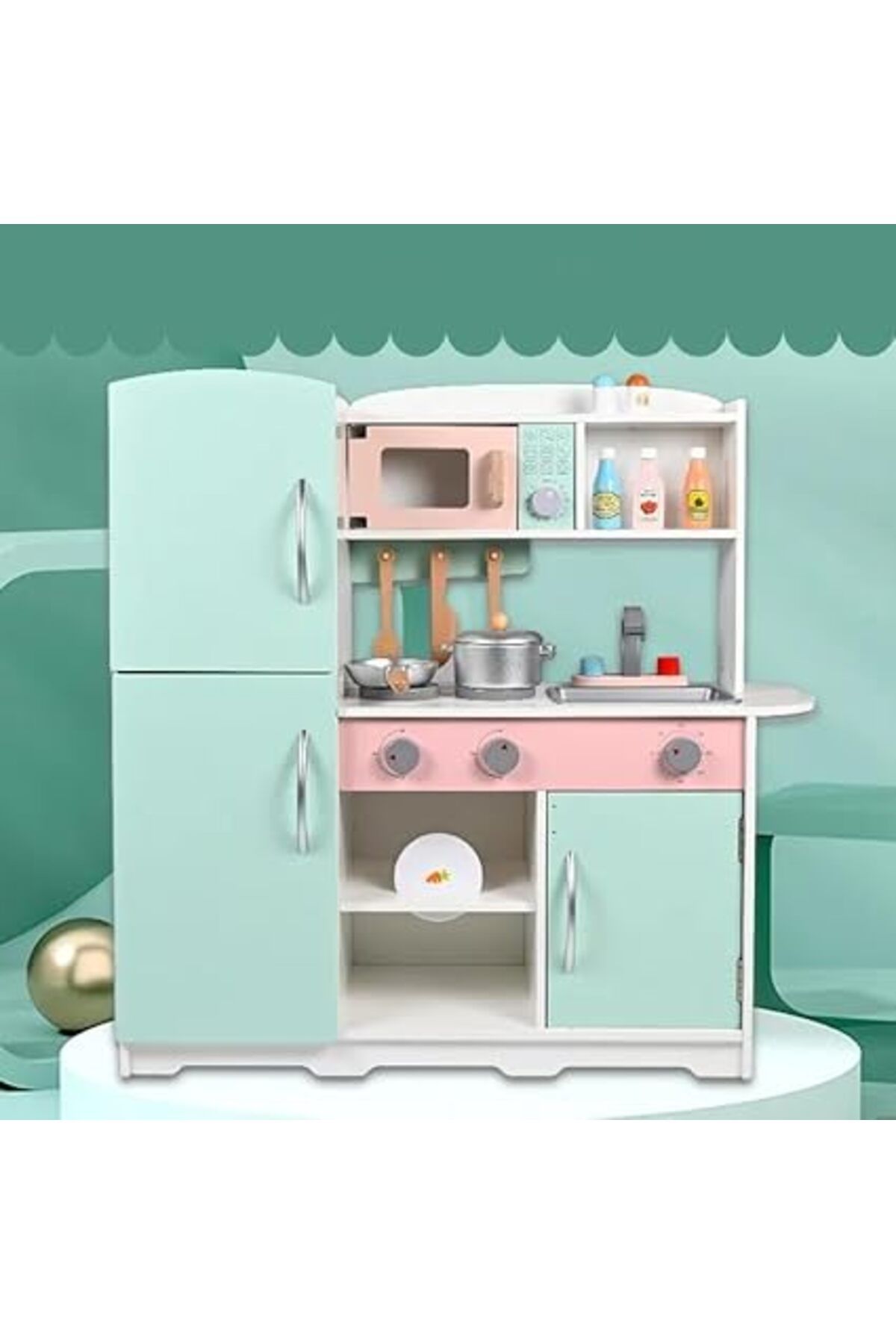 ALBADER-Kids Kitchen Playset, Children Play Kitchen for Toddler With accessories, Wooden Kitchen Toy 4