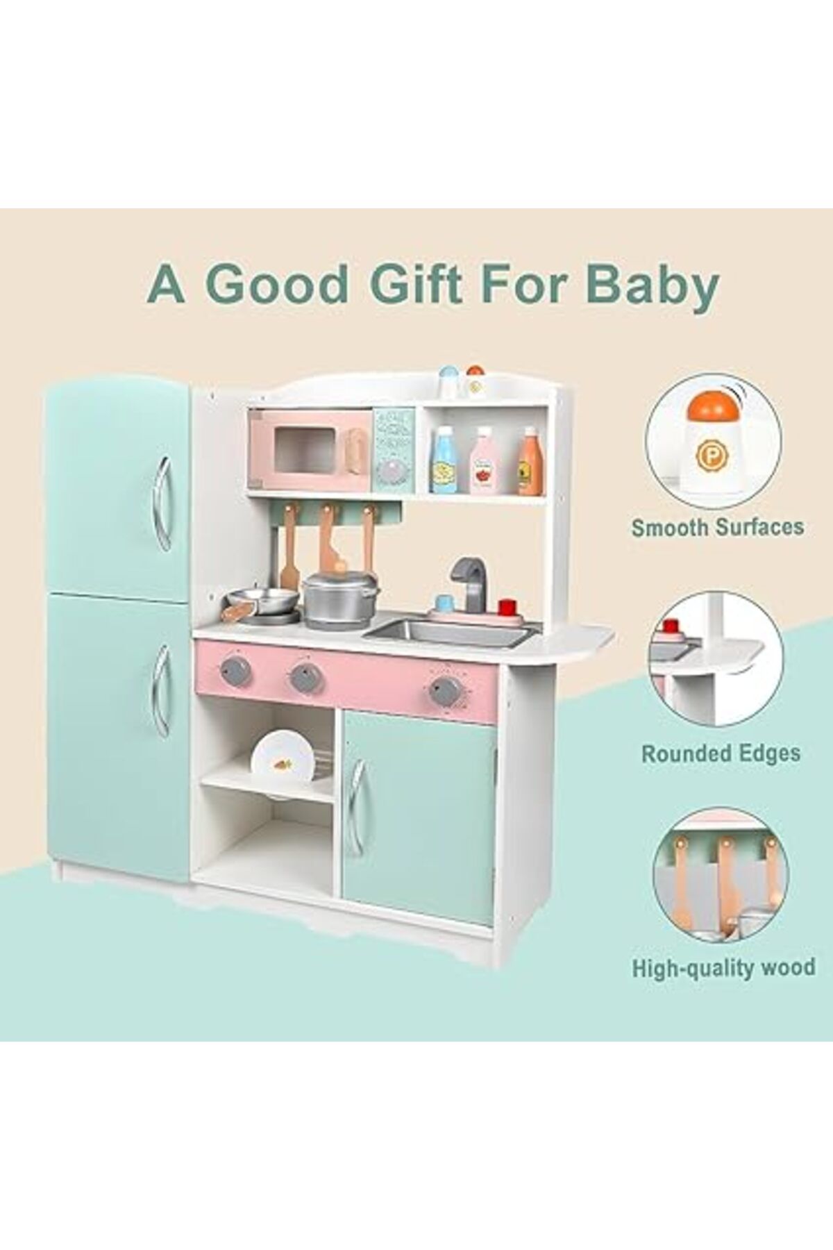 ALBADER-Kids Kitchen Playset, Children Play Kitchen for Toddler With accessories, Wooden Kitchen Toy 5