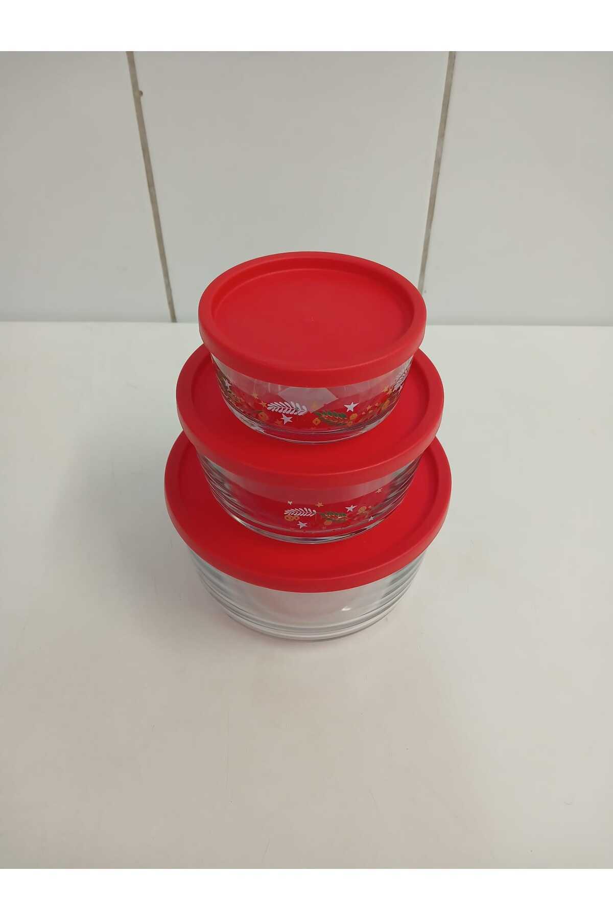 LAV-Feyzade Set of 3 Circle Storage Boxes (1490Cc-800Cc-380Cc) Rose Motif with Red Lid 2