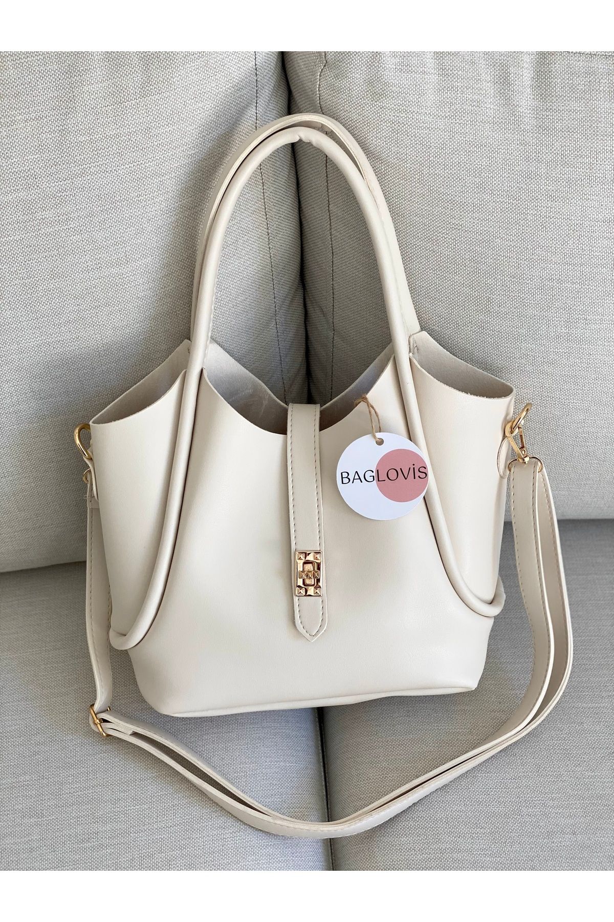 BAGLOVİS-Yavru Bag Extra Front Lock Detailed Cream Women's Shoulder Bag 3