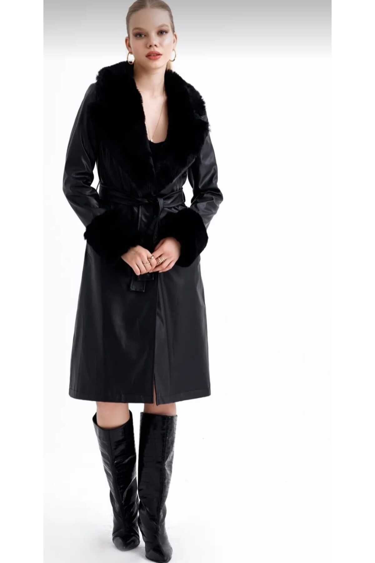 POLANGEL-Furry Long Leather Women's Trench Coat 3