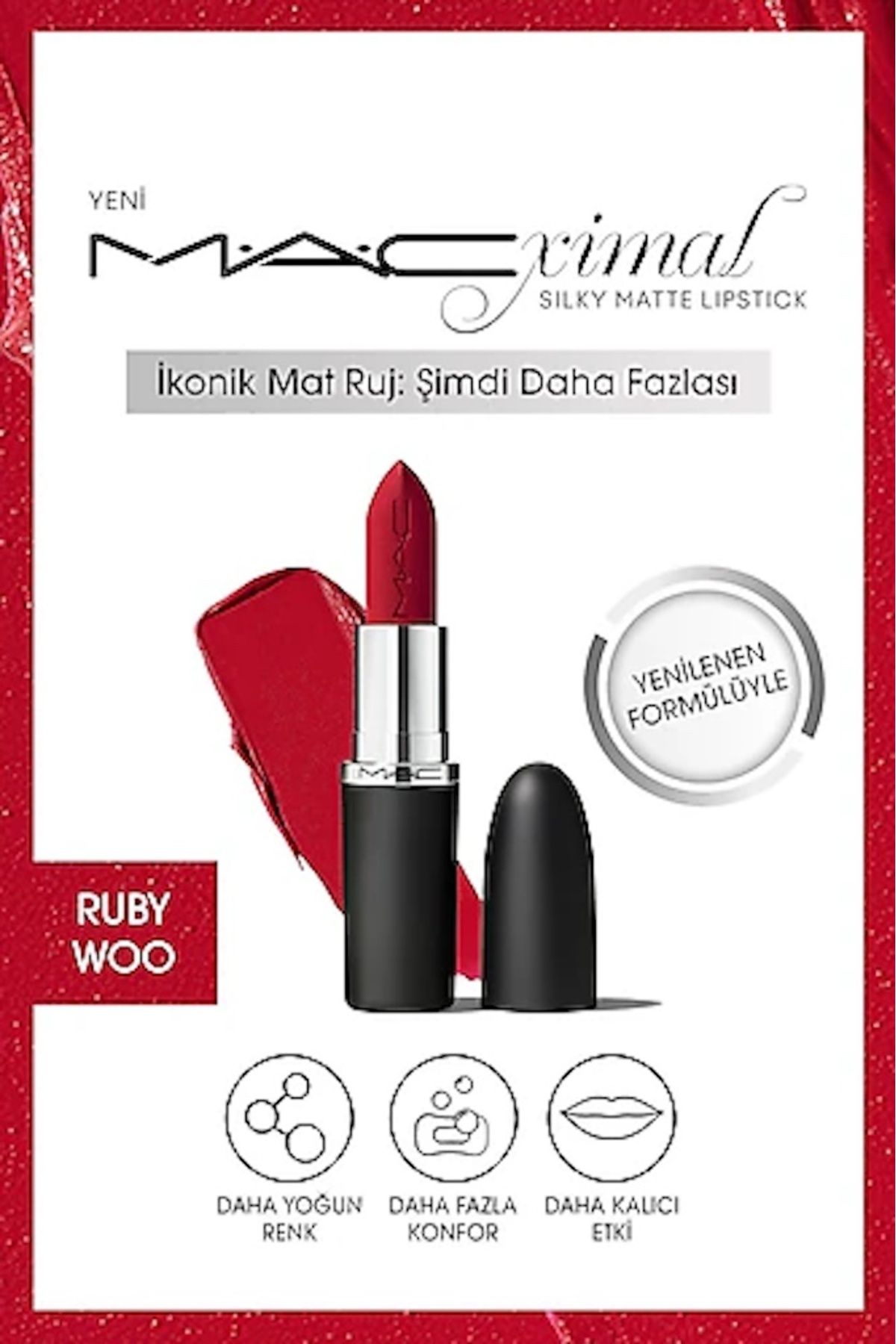 M.A.C Macximal Silky Matte MINI Lipstick 12 saat Tam Kapatıcılık-RUBY WOO (1.8gr)