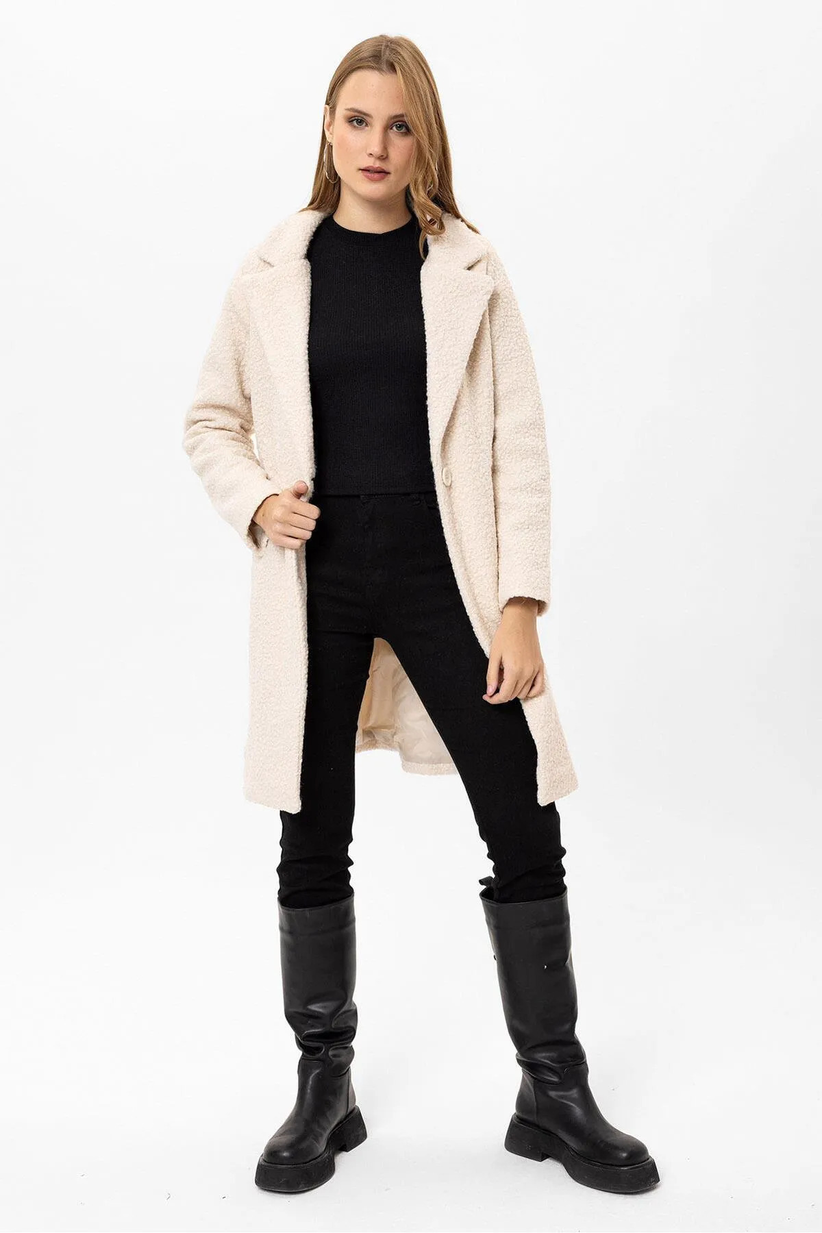 citycenterfashion  Kadın Tek Düğme Kapamalı Buklet Kaban cty-şim-245301 - Görsel 4