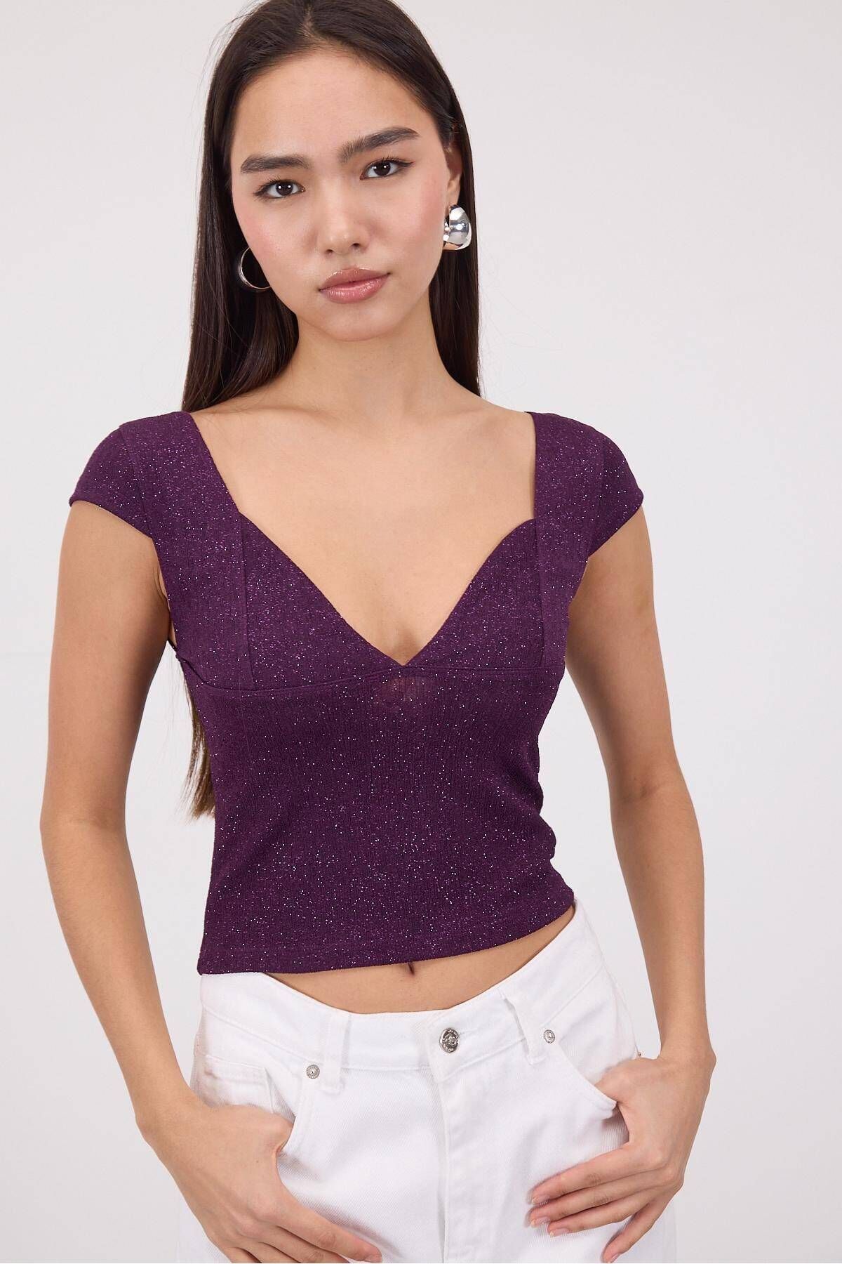 Addax-V-Neck Silvery Crop Blouse B1580-E2 3