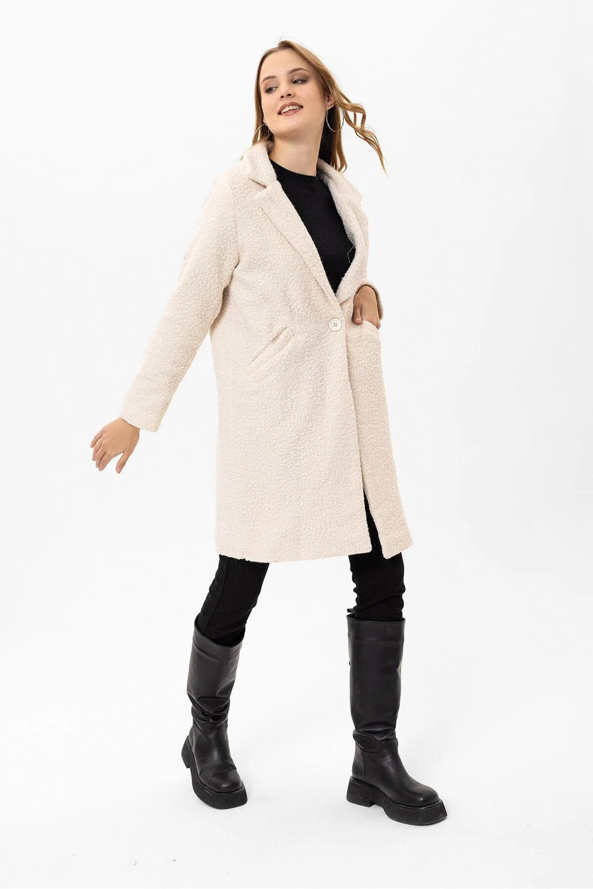 citycenterfashion  Kadın Tek Düğme Kapamalı Buklet Kaban cty-şim-245301 - Görsel 5