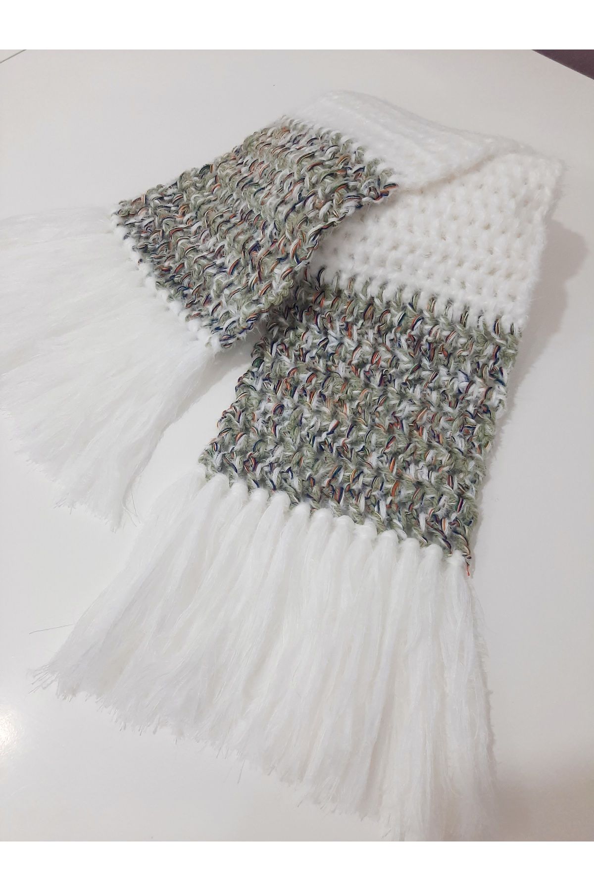 zümal tekstil tasarım-Hand Knitted Scarf Cashew Handmade (Ecru-Green) 1