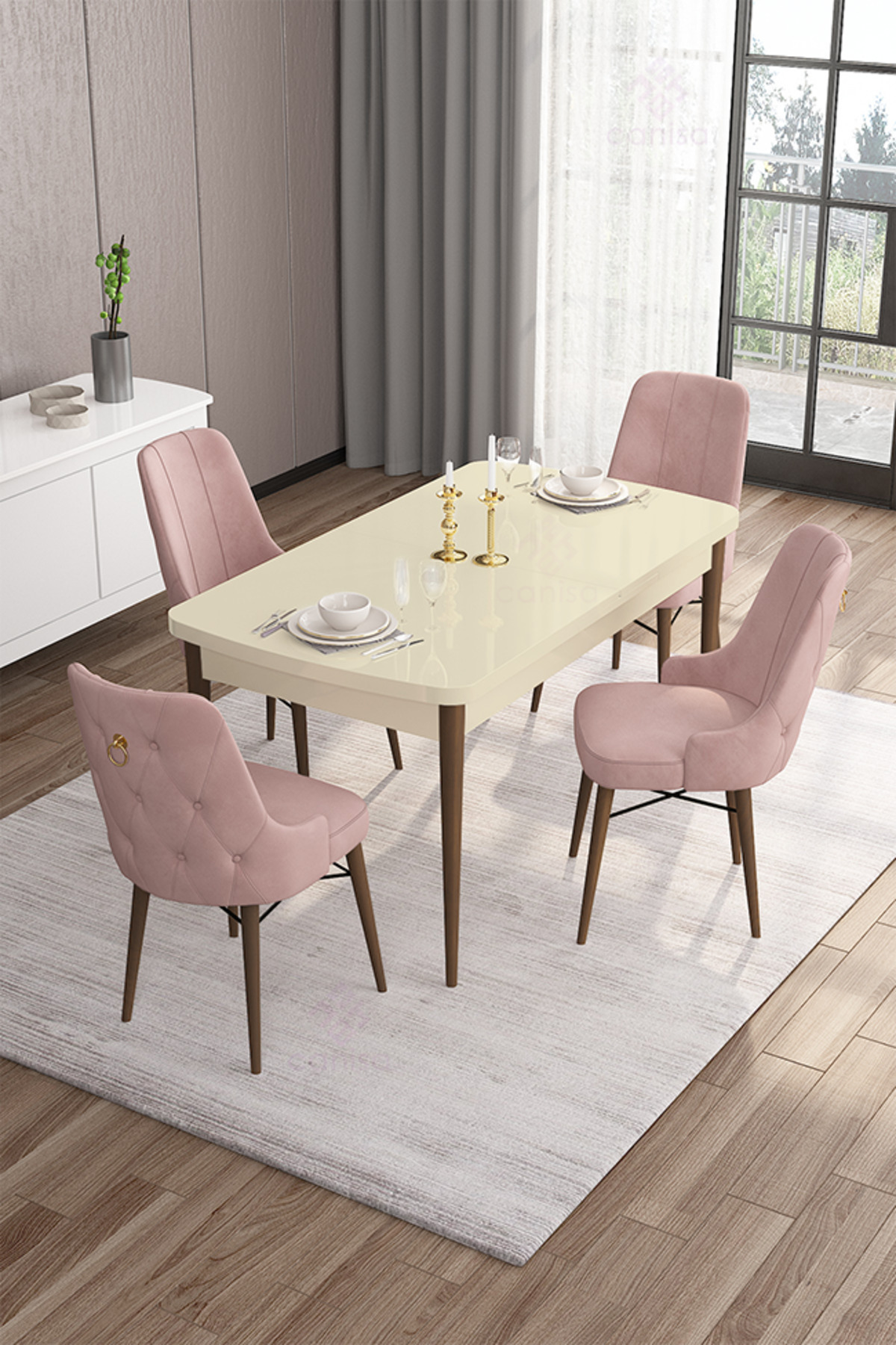 Are Series 80x132 Mdf Openable Cream Table Walnut Foot Table Set And 4 Pink Chairs