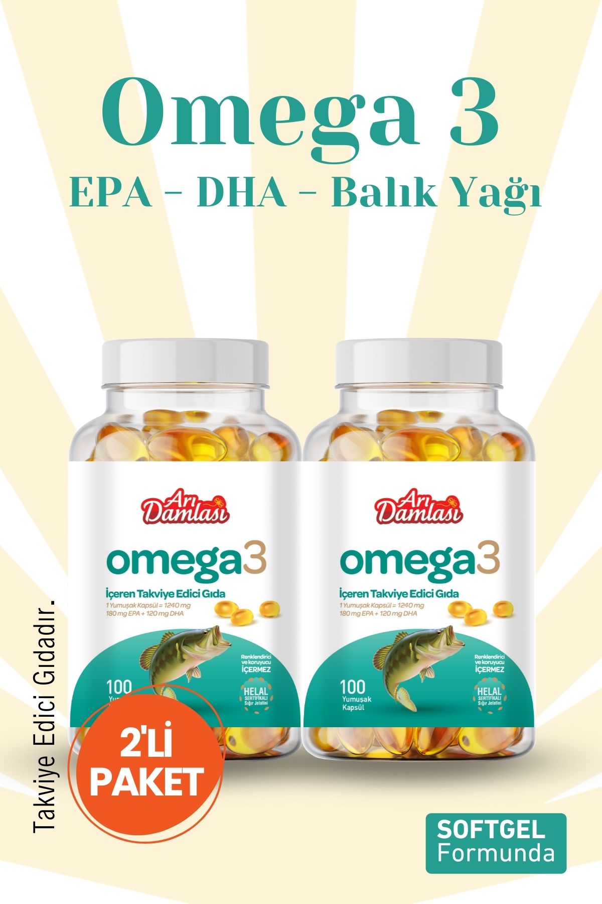 Arı damlası OMEGA 3 İÇEREN TAKVİYE EDİCİ GIDA 100 YUMUŞAK KAPSÜL (2'Lİ PAKET)