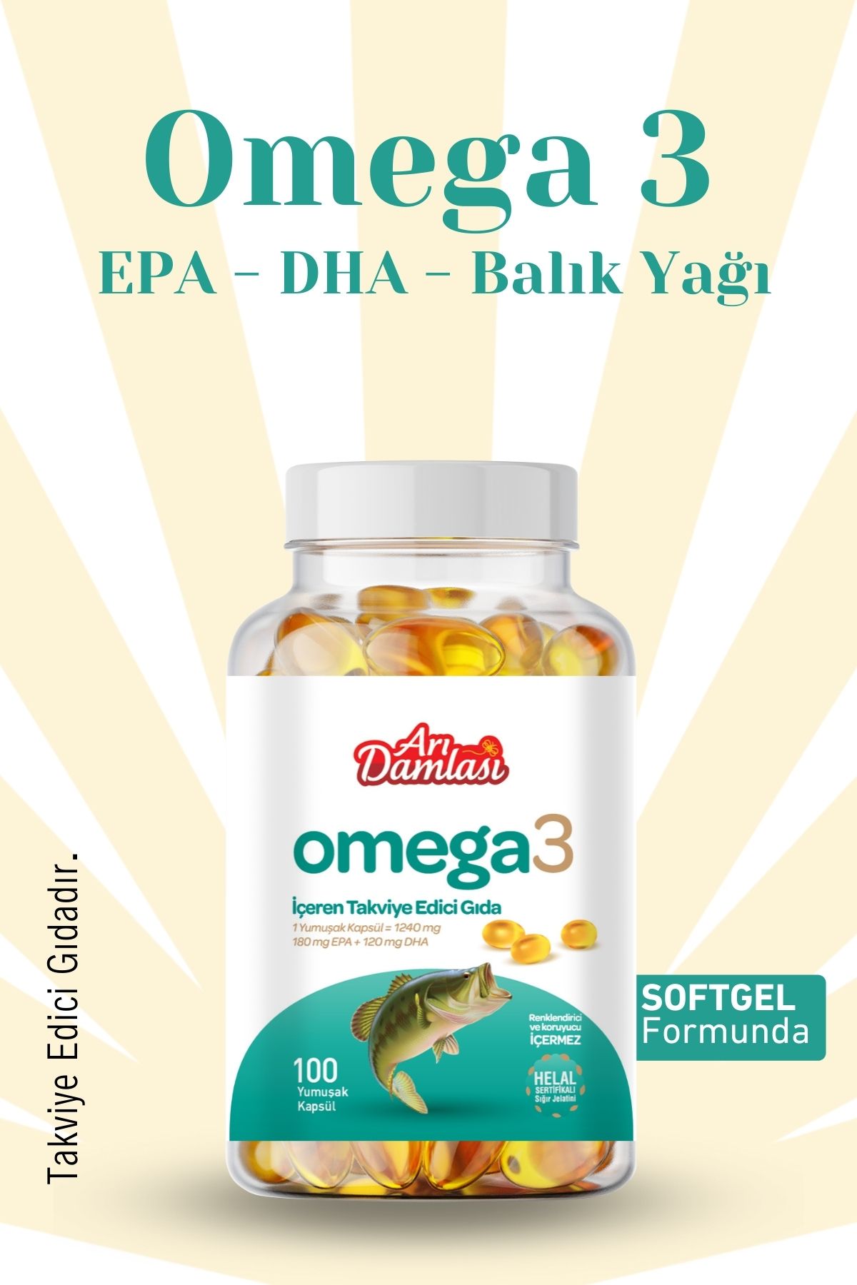 Arı damlası OMEGA 3 İÇEREN TAKVİYE EDİCİ GIDA 100 YUMUŞAK KAPSÜL