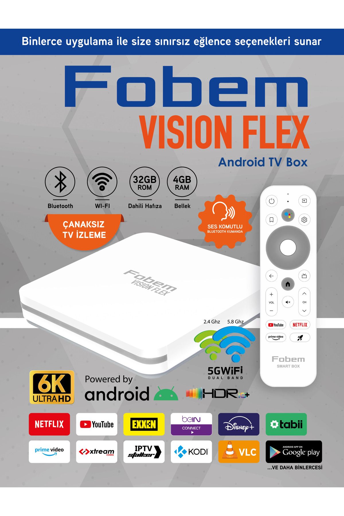 FOBEM Vision Flex 6K Android TV Box Medya Oynatıcı - Ses Komutlu Wi-Fi 4 Gb Ram 32 GB Hafıza