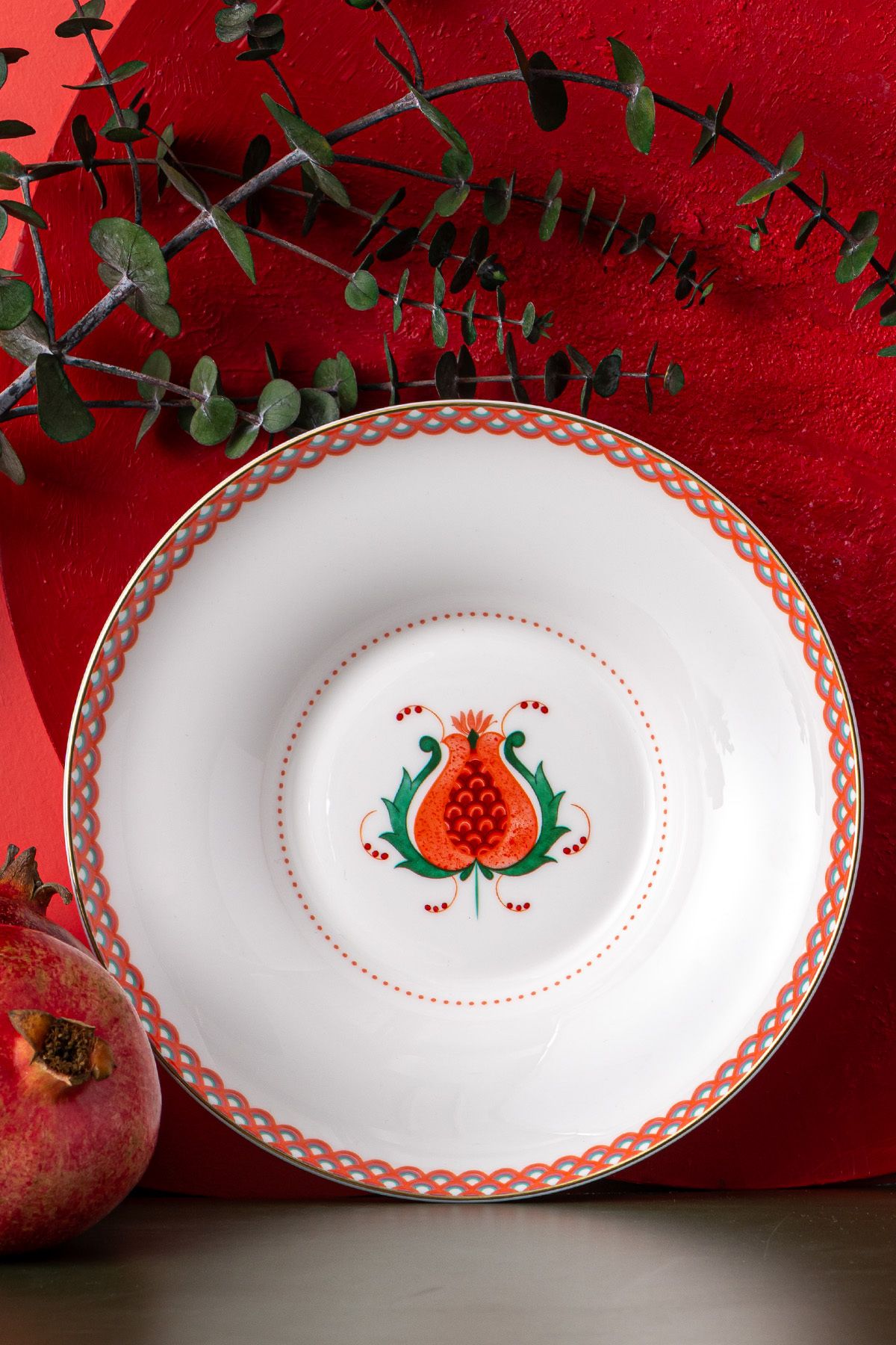 İSTANBUL PORSELEN-Red Pomegranate Fine Bonnet Pit Plate - Istanbul Porcelain 22 cm 1