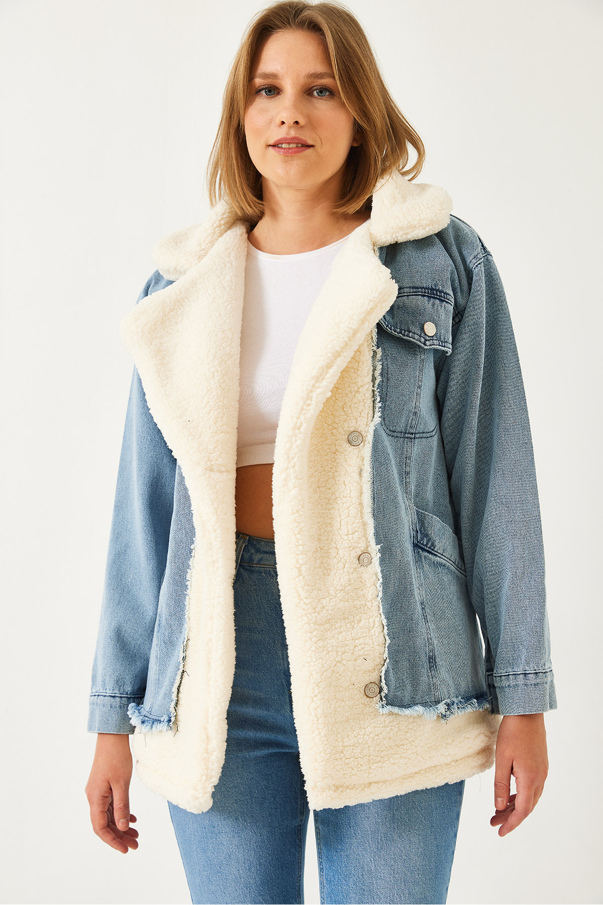 LUCCI Faux Fur Shawl Collar Denim Jacket 3