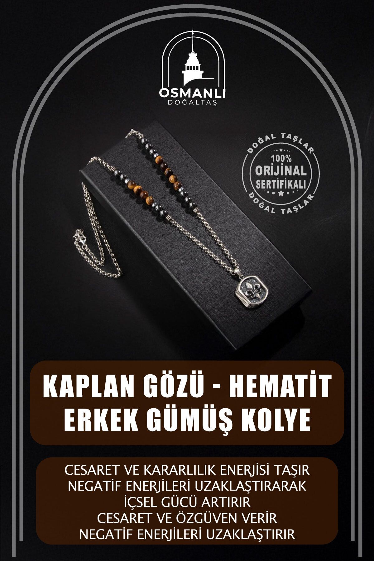 OSMANLI DOĞAL TAŞ-Tiger Eye-hematite Natural Stone Men's Silver Design Necklace 1