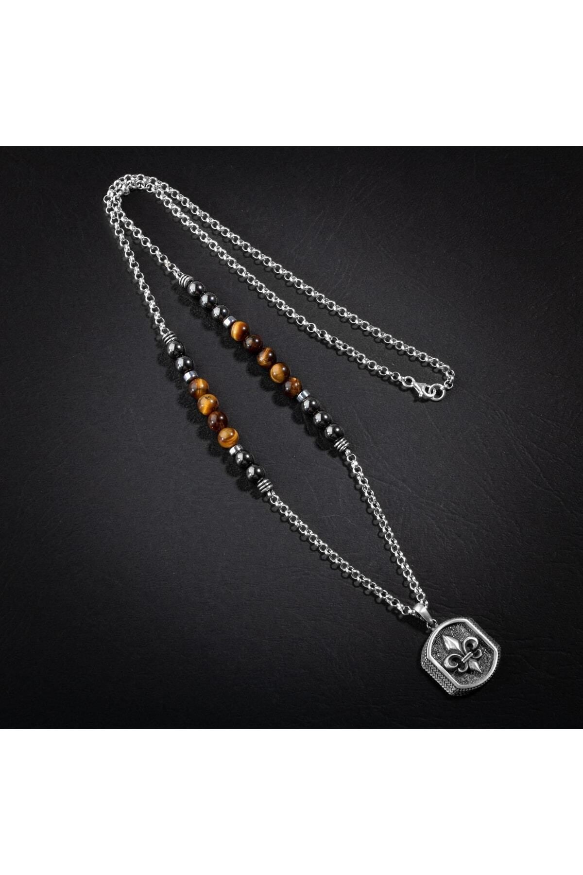 OSMANLI DOĞAL TAŞ-Tiger Eye-hematite Natural Stone Men's Silver Design Necklace 5