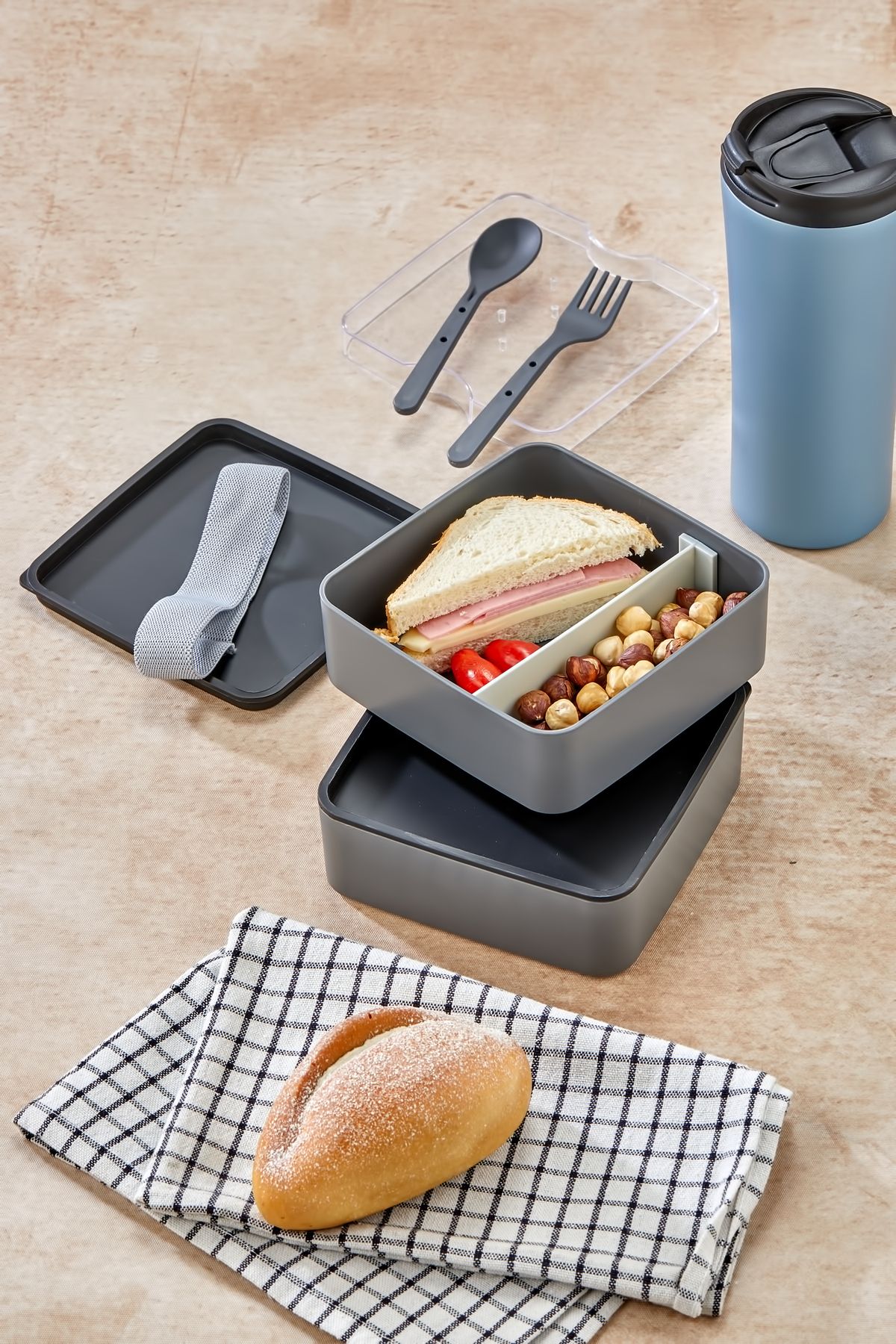 MHK Collection-Practical and Fashionable Lunch Box 2-Tier Compartments with Spoon and Fork Set, Portable Food Storage Container 3