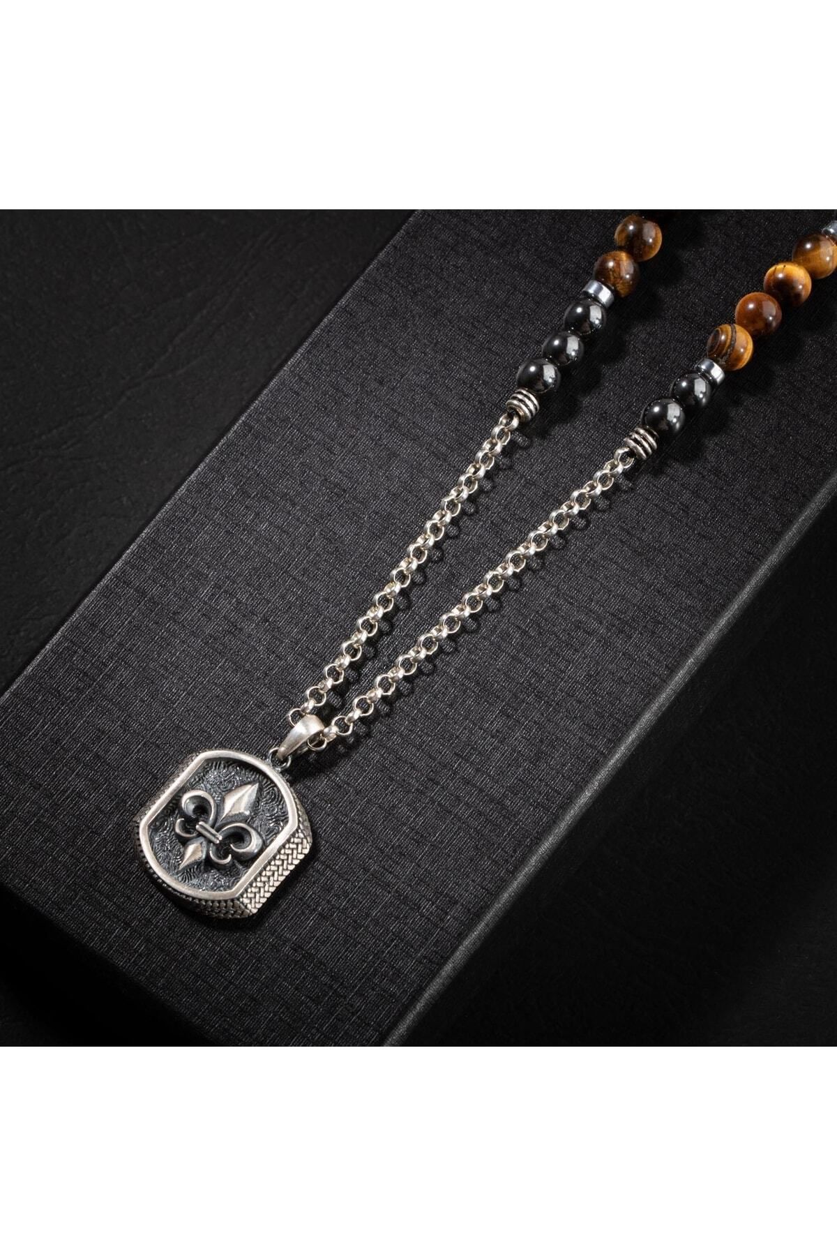 OSMANLI DOĞAL TAŞ-Tiger Eye-hematite Natural Stone Men's Silver Design Necklace 2