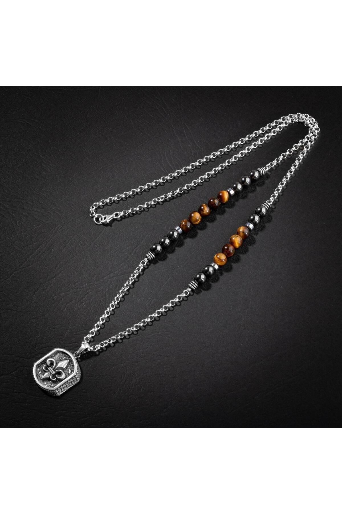 OSMANLI DOĞAL TAŞ-Tiger Eye-hematite Natural Stone Men's Silver Design Necklace 6