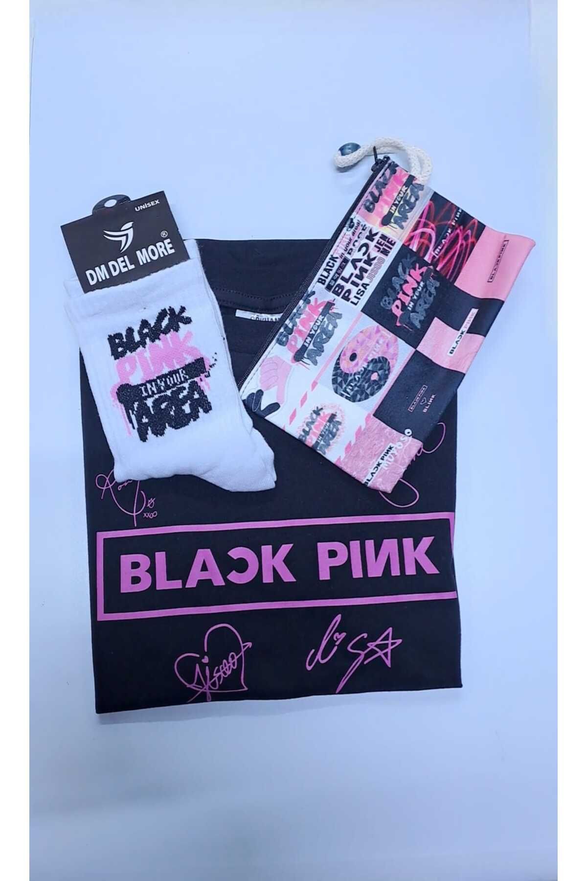 GC GÖKHAN CLUB Blackpink Owersize T-shirt Kalemlik Çorap 3' Lü Kombin