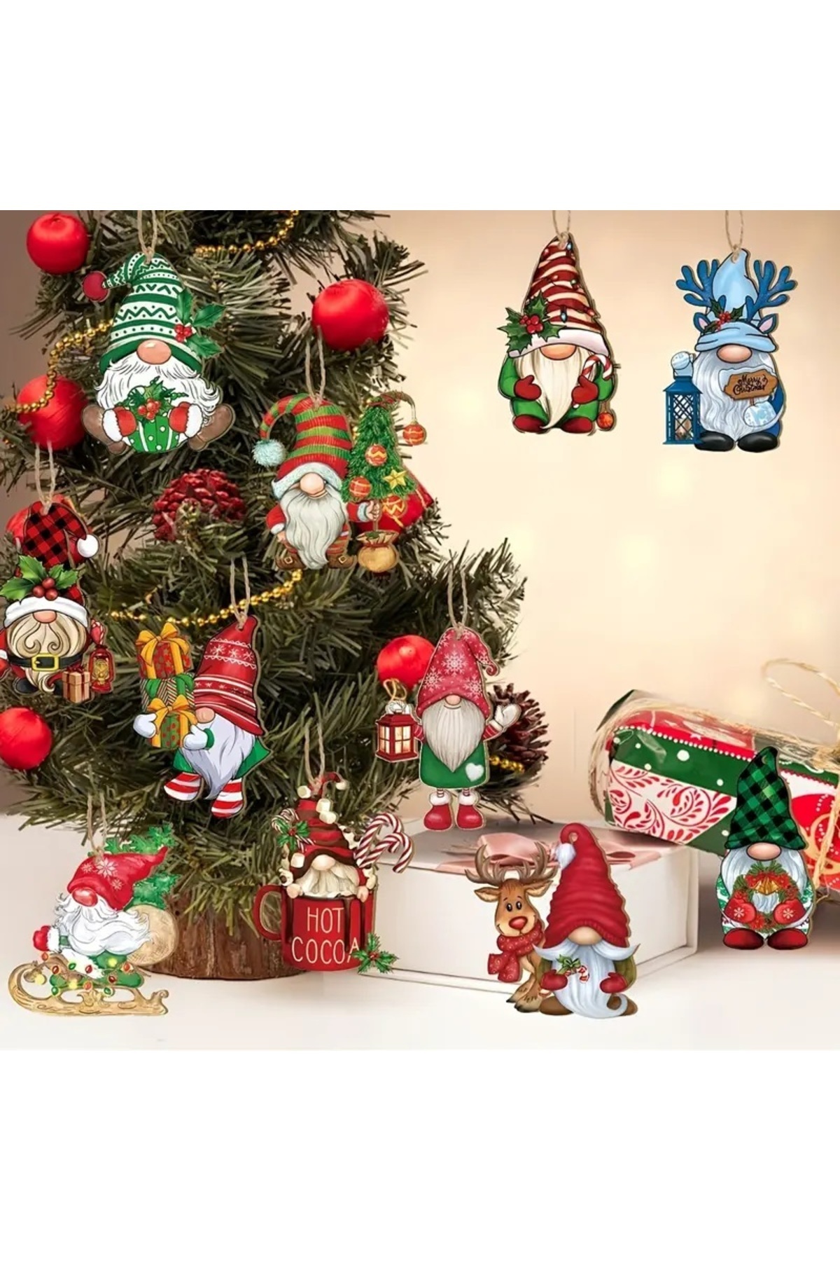 Ahşap 12 Li Noel Baba Süsleri Yılbaşı Süsleri Noel Ağacı Çam Ağacı Süsleri