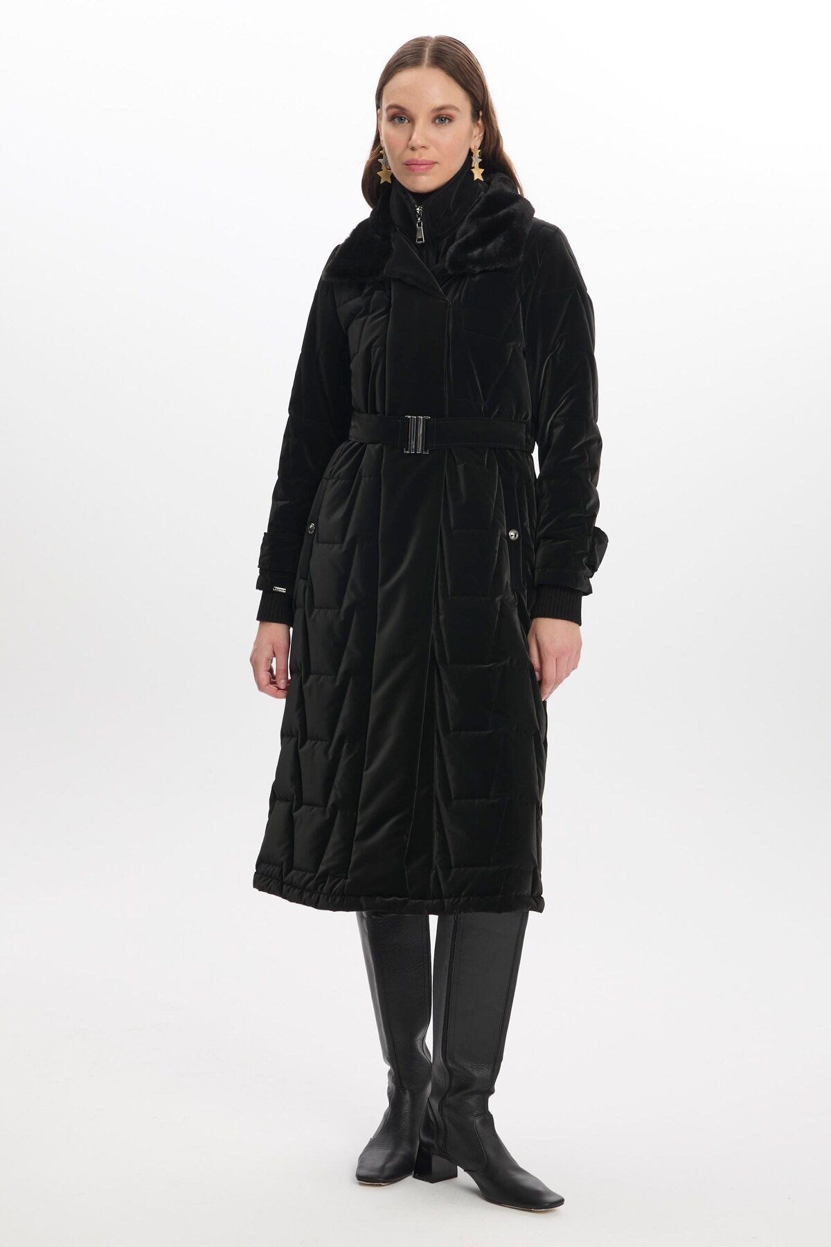 Zühre-Black Fur and Belt Detailed Puffer Jacket 12764 8