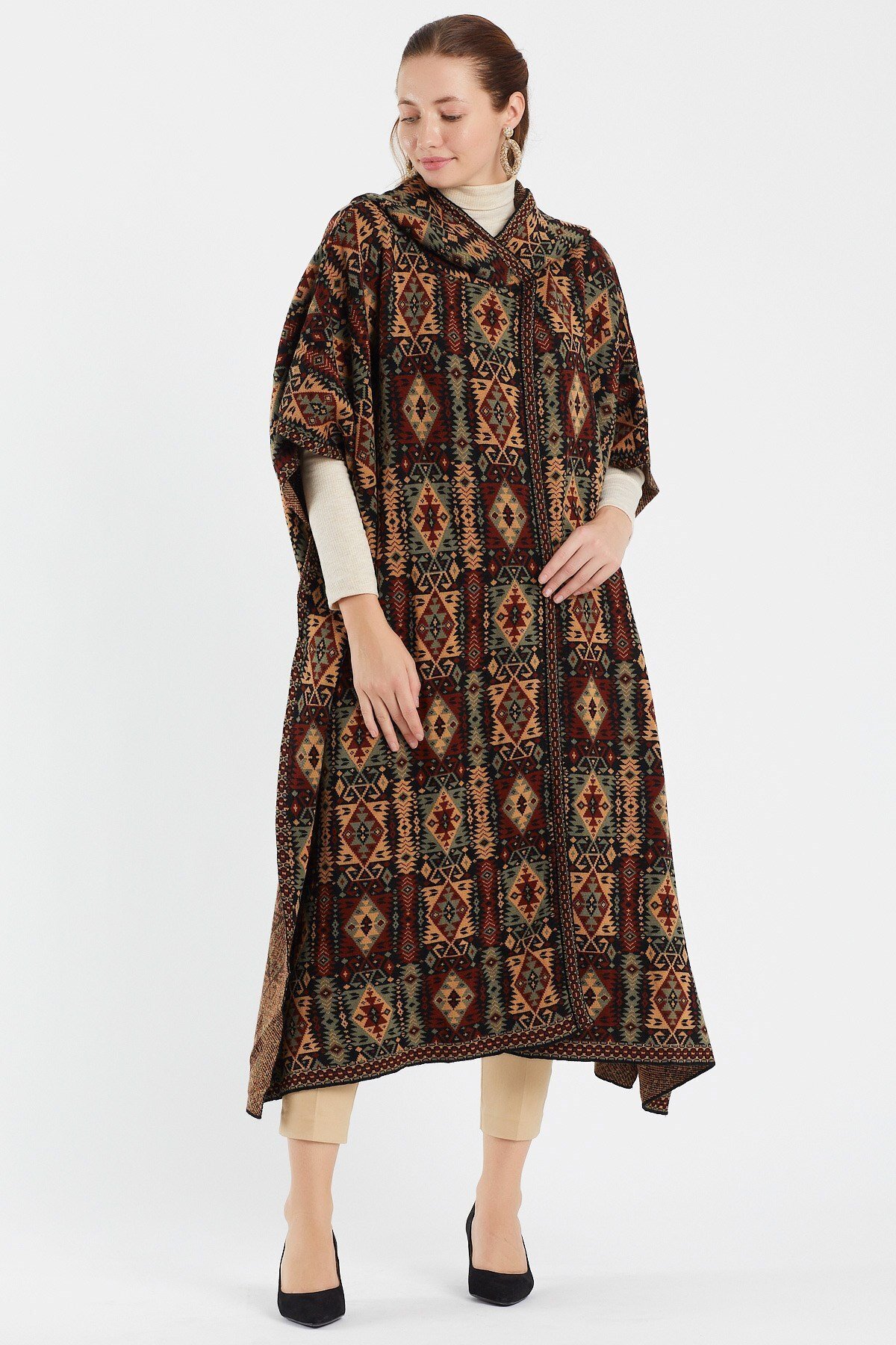 Silver Rug Pattern Hooded Poncho