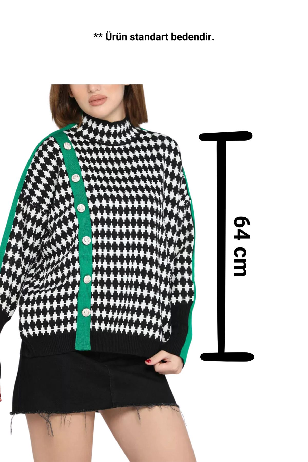 GÜLSELİ-Black Green Women's Half Turtleneck Button Detailed Knitwear Sweater 5