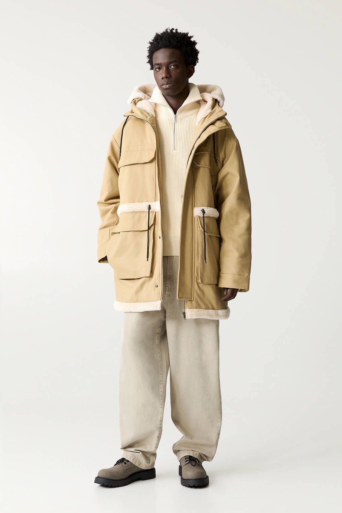 Pull & Bear-Contrast Faux Wool Parka 2