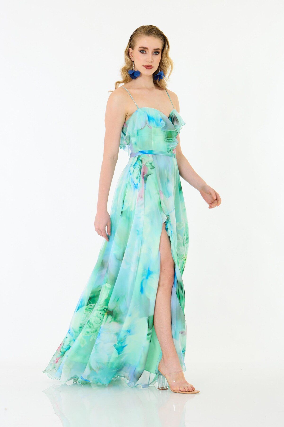 Carmen-Green Straps Long Printed Chiffon Evening Dress 5