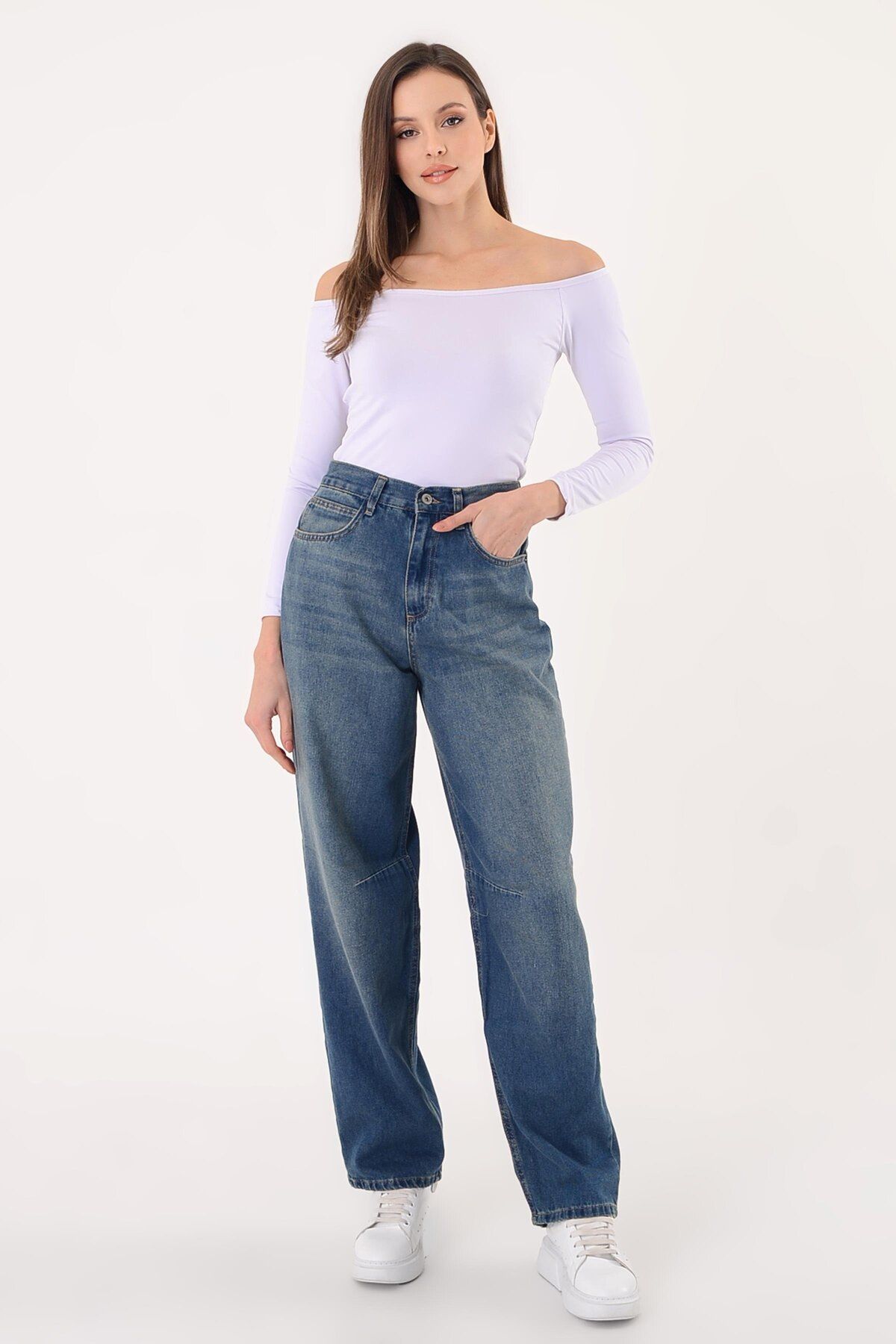 polle Kadın Lacivert Yüksel Bel Soluk Efektli Baggy Jeans