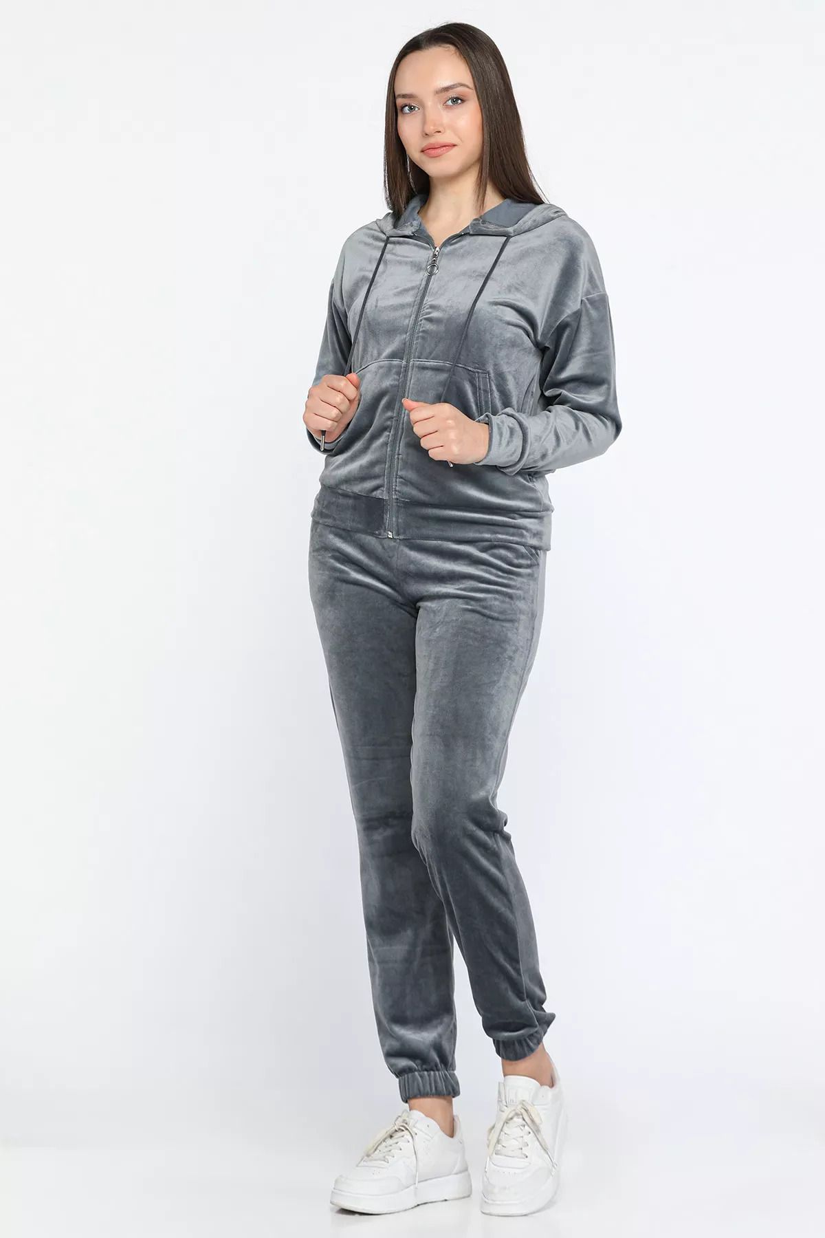 GÜLSELİ-Gray Women's Velvet Hooded Zippered Sweat Pants Double Set 2