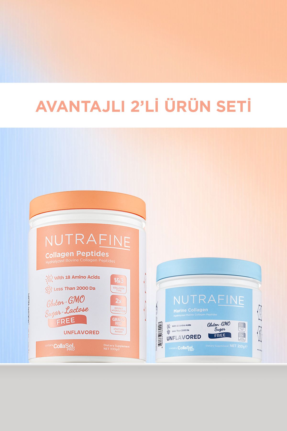 Nutrafine Avantajlı 2'li Set, Bovine Ve Marine Kolajen Doğal Tatsız Ve Kokusuz %100 Çifte Hidrolize Kolajen