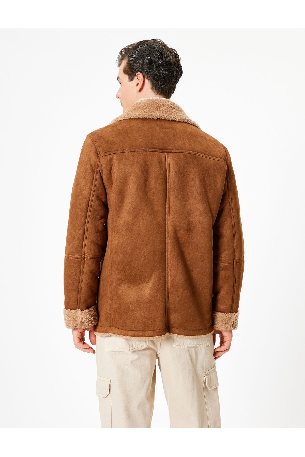 Koton-Slim Fit Coat Suede Look Plush Inside Buttoned 4