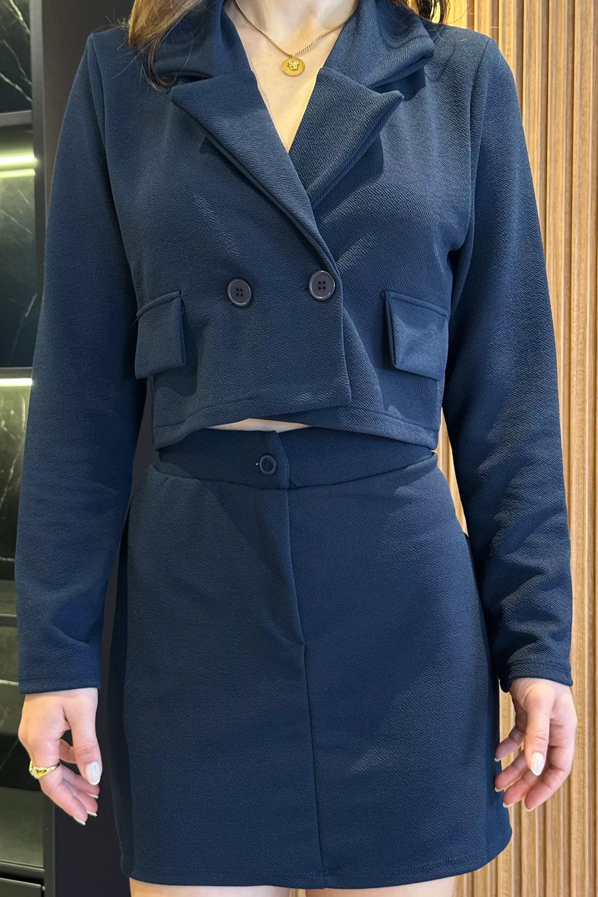 GÜLSELİ-Navy Blue Women's Crop Top Jacket Skirt Double Set 3