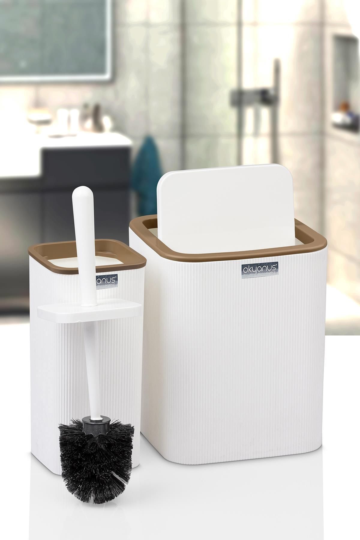 Okyanus Home-Mina Due White Striped Square 2-Piece Wc Bucket and Brush Set 2