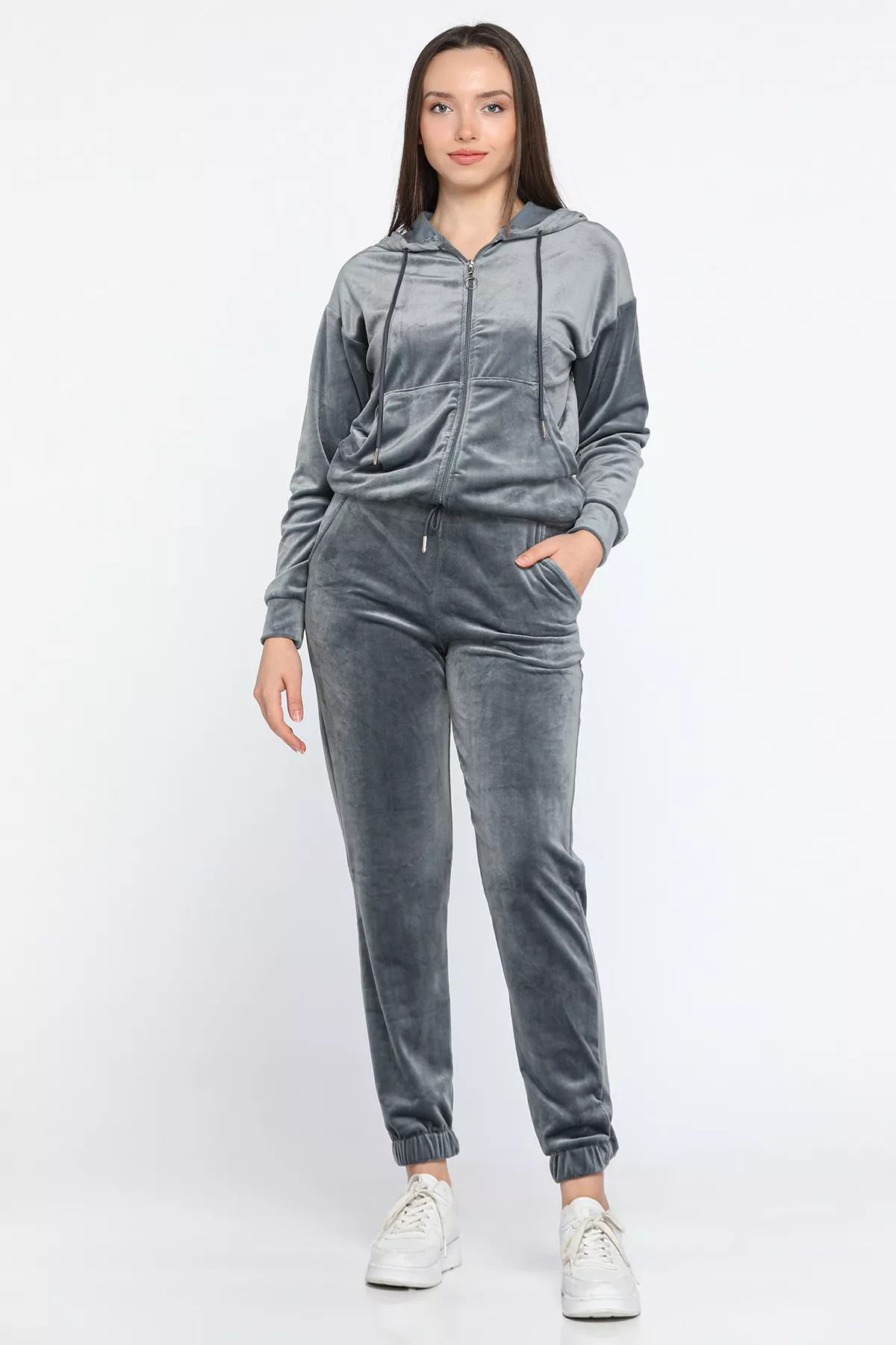 GÜLSELİ-Gray Women's Velvet Hooded Zippered Sweat Pants Double Set 1