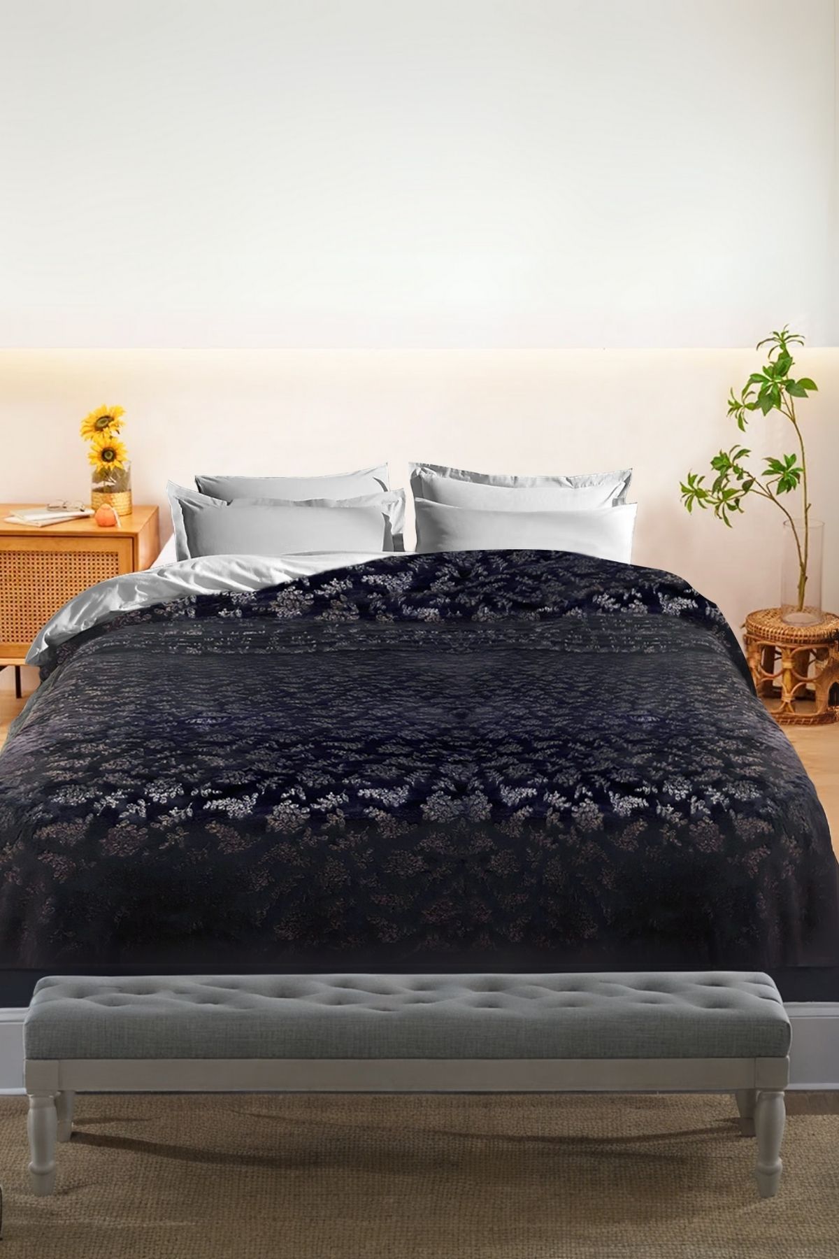 DOFİ-Dofi Navy Blue Floral Print Jacquard Flannel Blanket - 180X220 cm Soft and Stylish 1