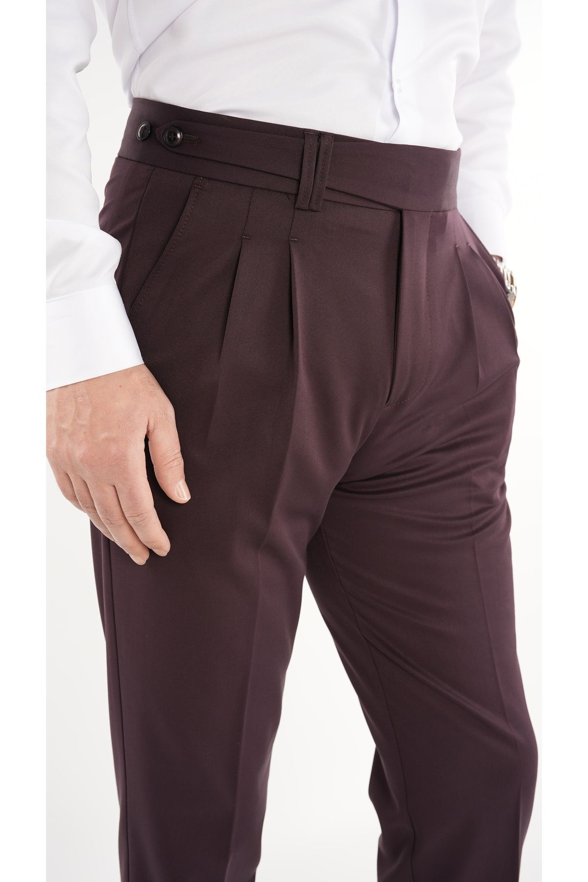 LONATOLİA-Men's Regular Fit High Waist Pleated Fabric Trousers-Burgundy 3