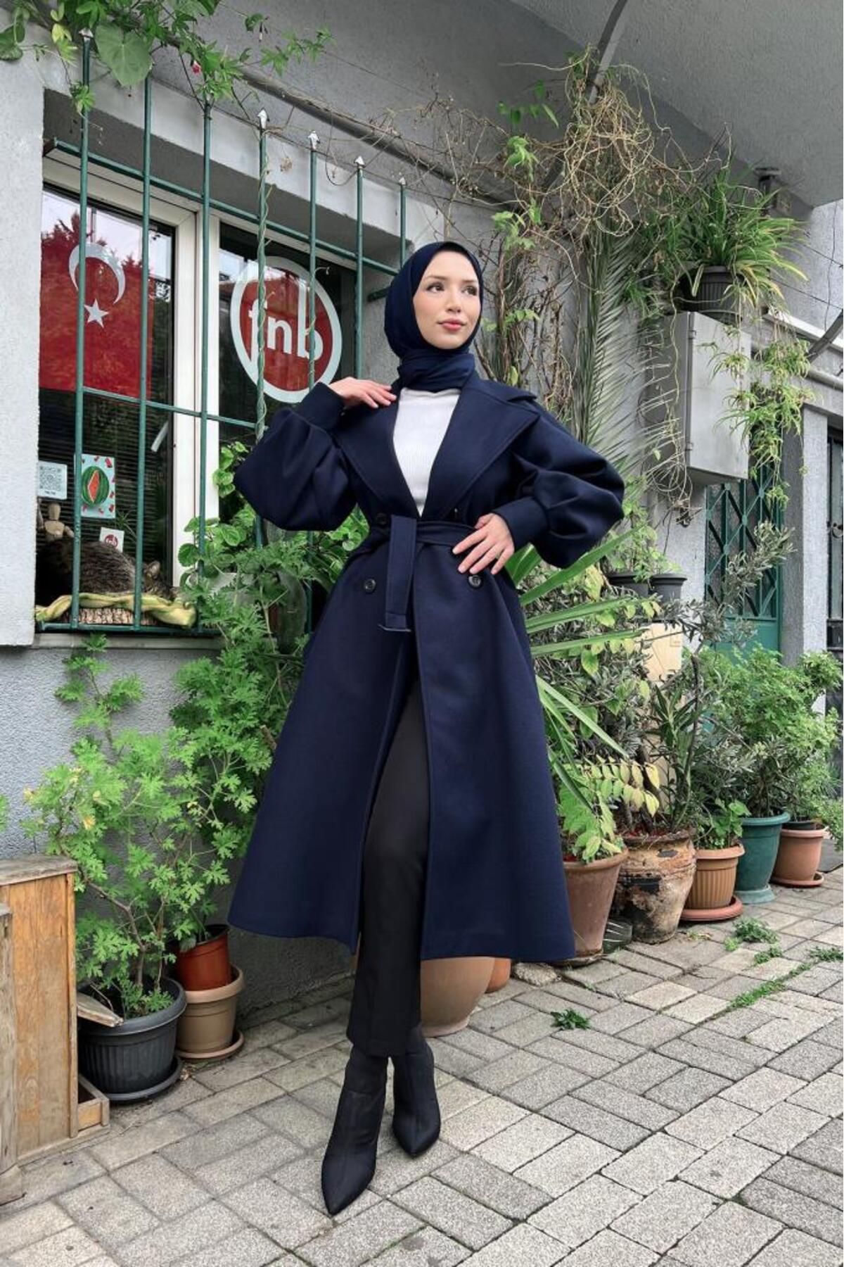 Lamia Giyim-Sleeves Balloon Cut Comfortable Fit Hijab Stamp Coat Navy Blue 4