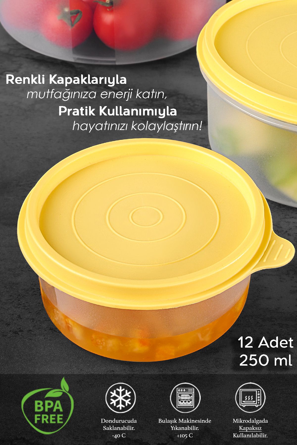 Meleni Home-12-Piece Yellow Round Food Storage Set - Food Organizer Container 12X250Ml 2