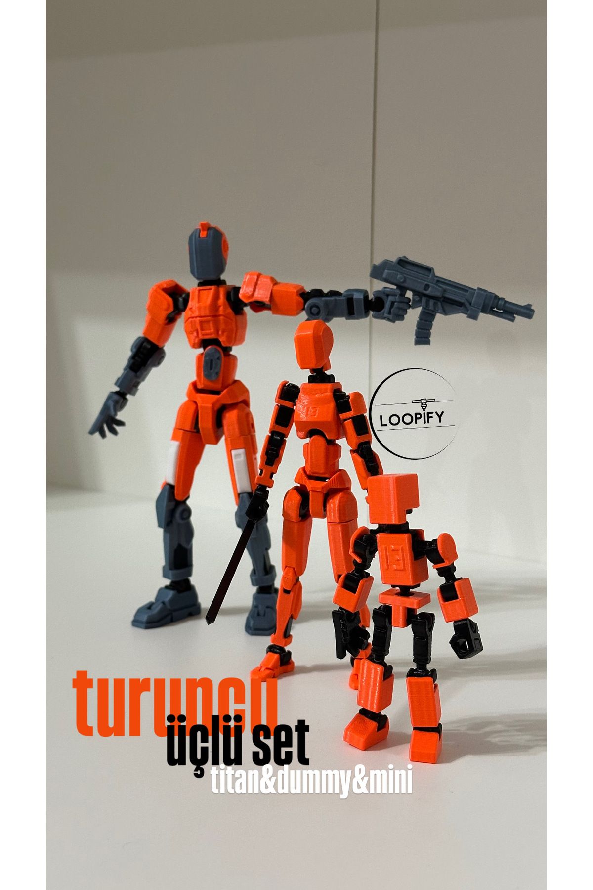 Loopify Lucky 13 Oynar Eklemli Robot Figür Oyuncak -  Özel Seri Turuncu Üçlü Set (Titan 13, Dummy, Mini 13)