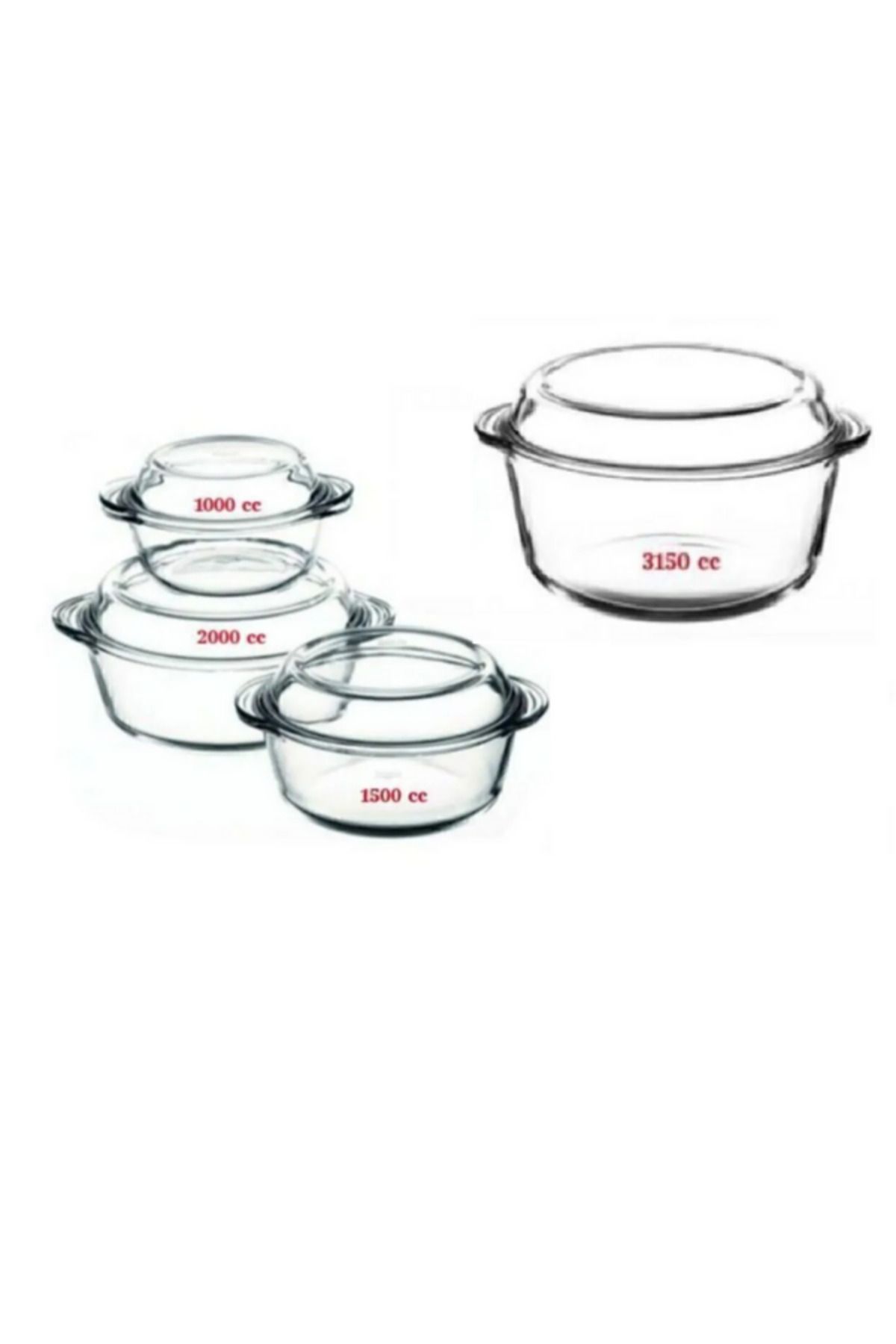 Paşabahçe-Set of 4 Round Pyrex Pots - Large Size Within 3150Cc 3
