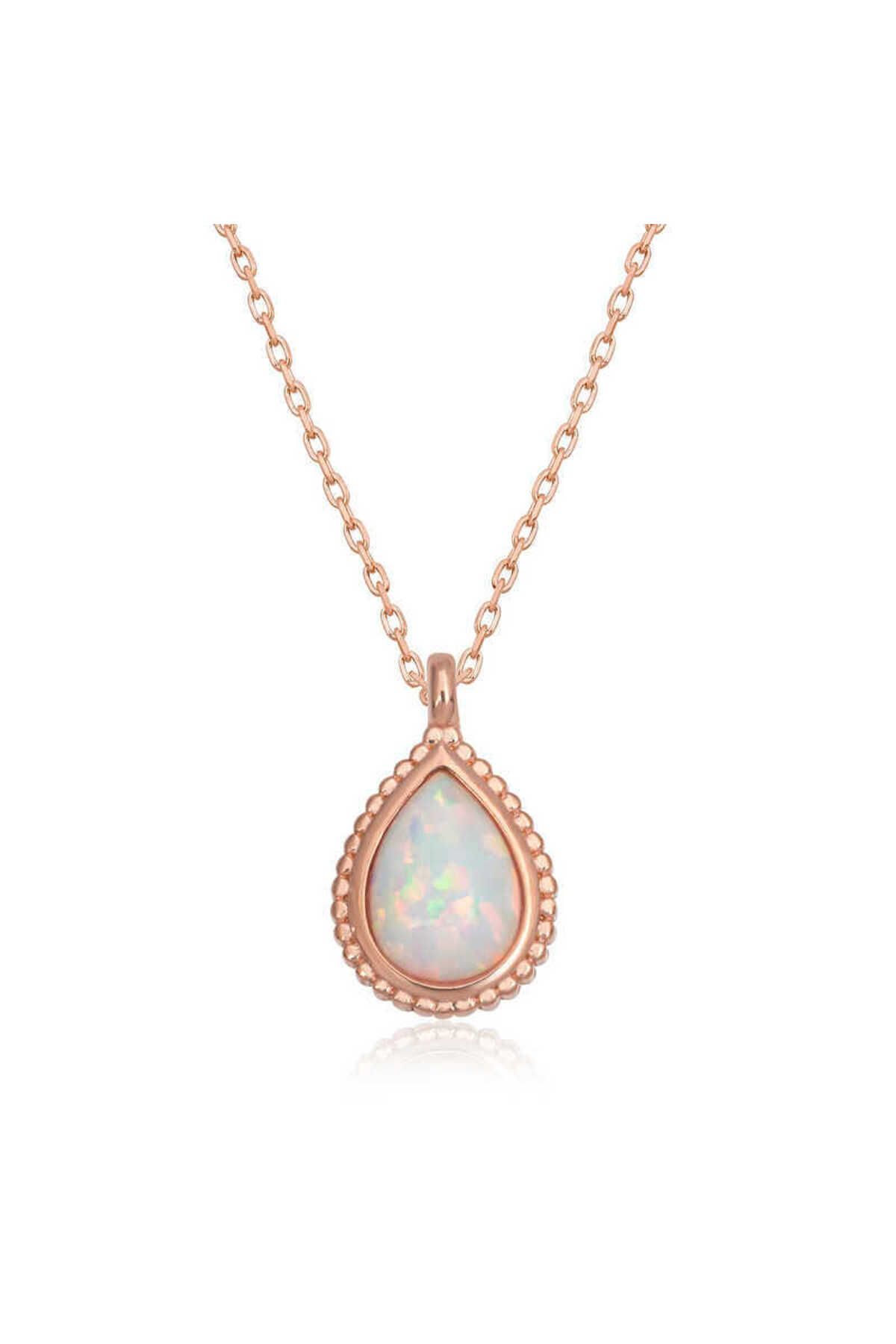 BAZAARİO 925 Ayar Gümüş Damla Beyaz Opal Taşlı Kadın Gümüş Kolye