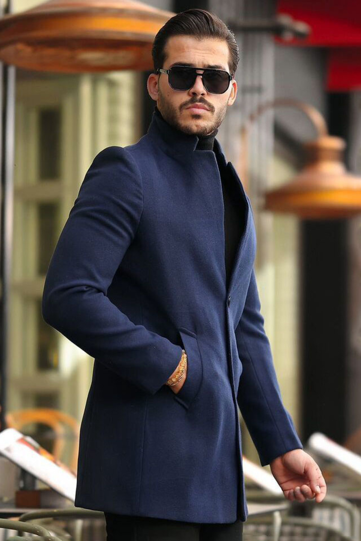 Regular Boy Çift Cepli Slim Kesim Dar Kalıp Dik Hakim Yakalı Klasik Model Günlük Şık Kaşe Kaban — سرمه‌ای VBLG-0608 — تصویر 2 از 6