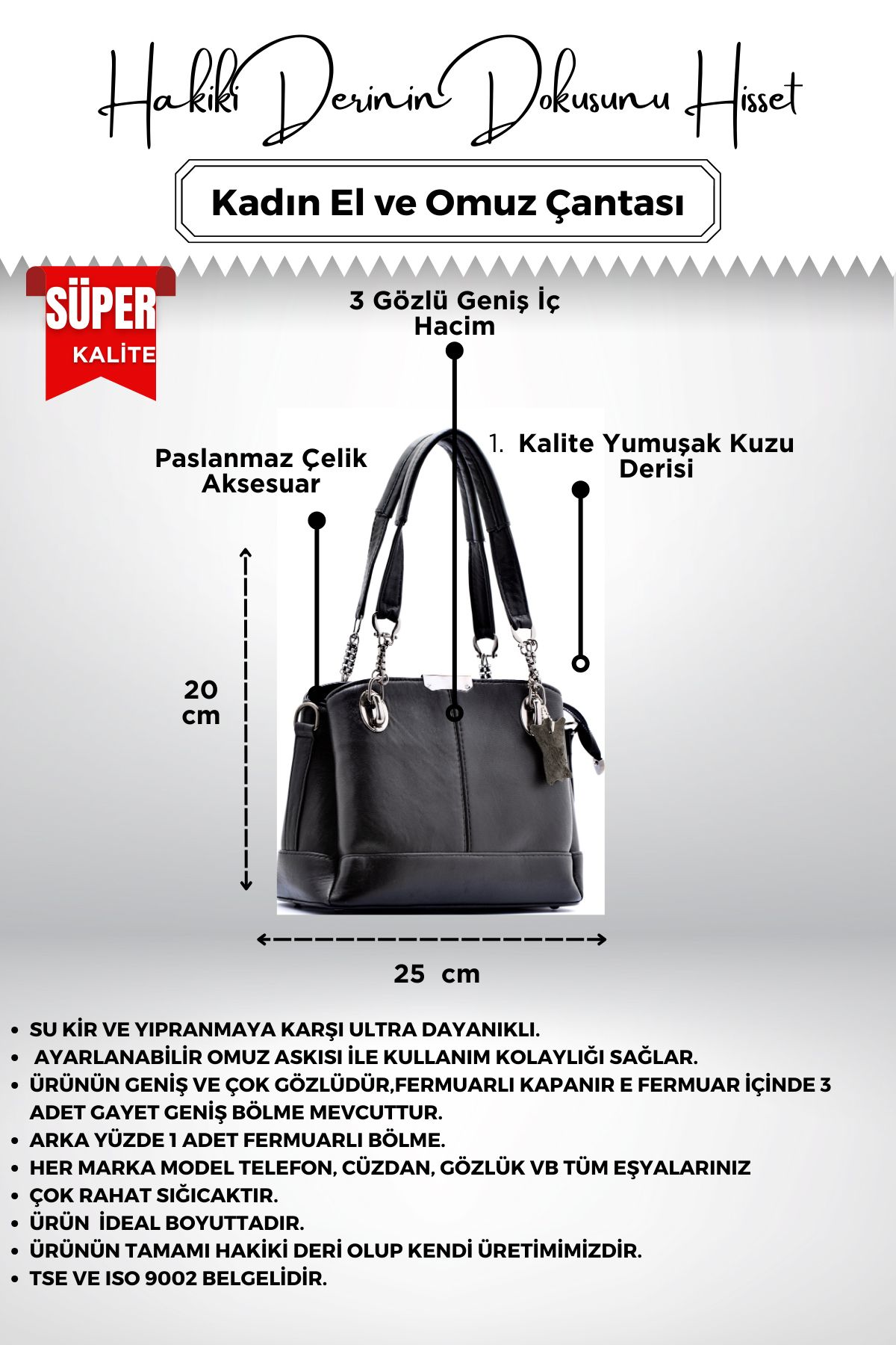 CüzCan-Large Volume Black Women's Leather Hand and Shoulder Bag 4