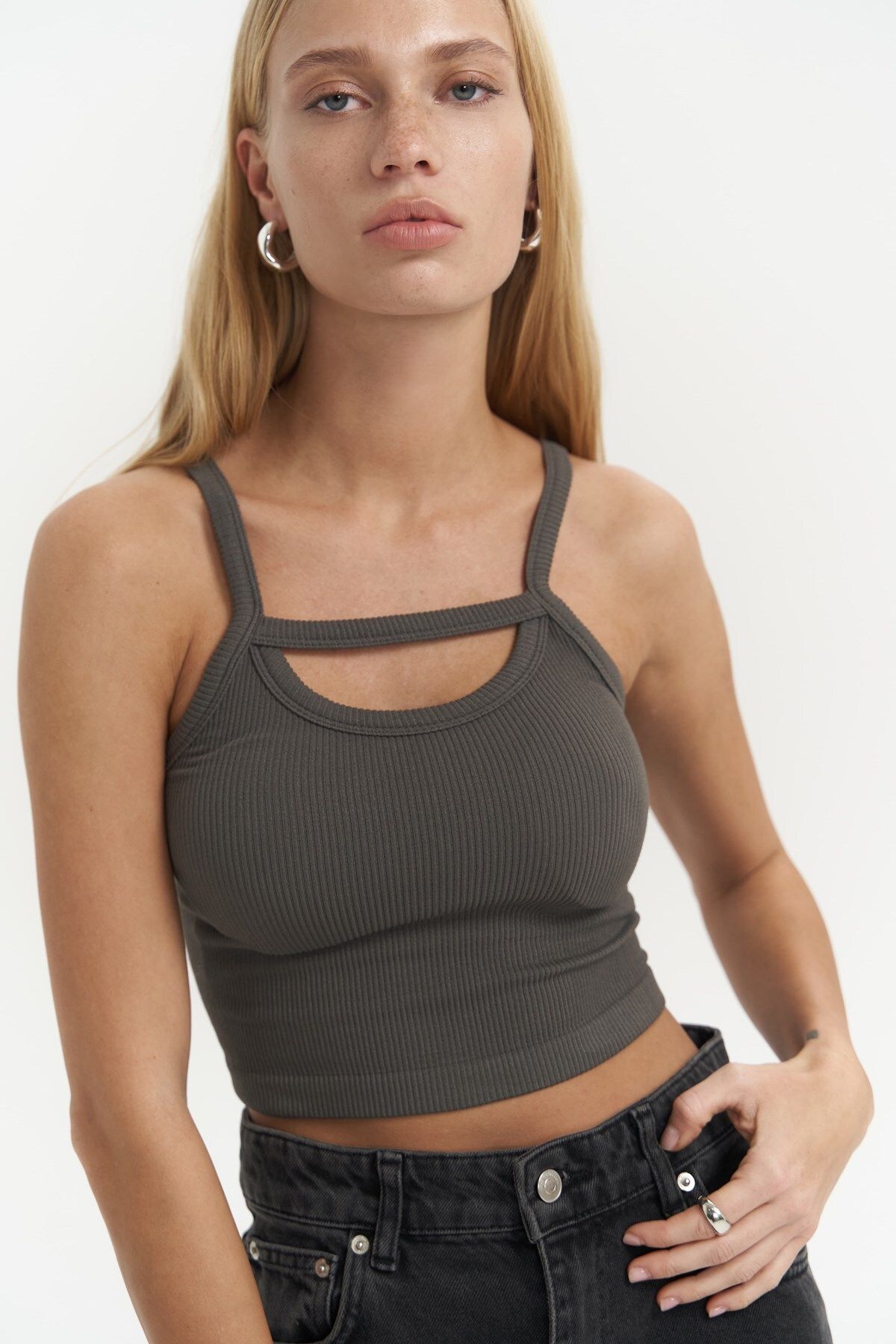 MAİ COLLECTİON-Noam Anthracite Front Detail Corded Crop 7