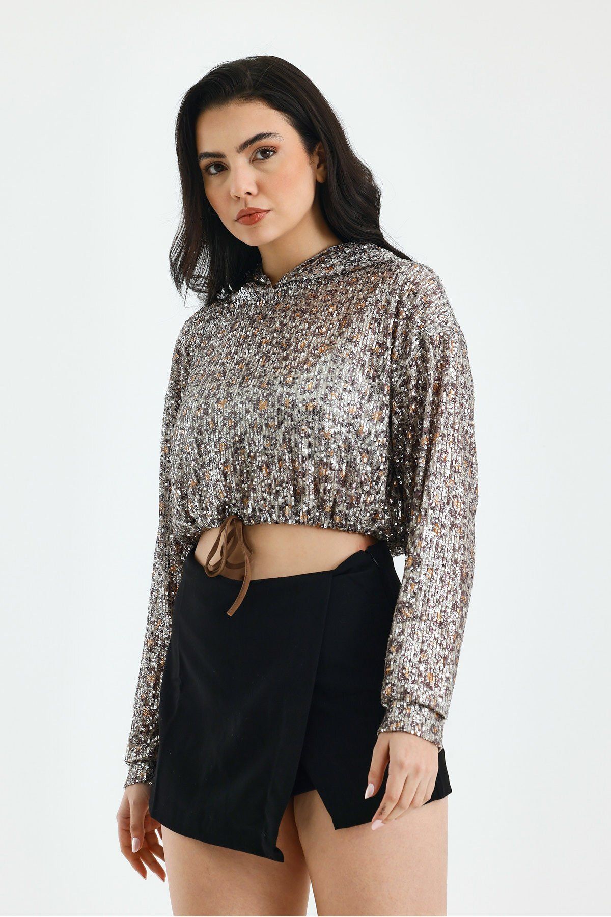 soBasic-Μακρυμάνικη μπλούζα με κουκούλα Leopard Pattern Sequin Fabric-L - Leopard 5