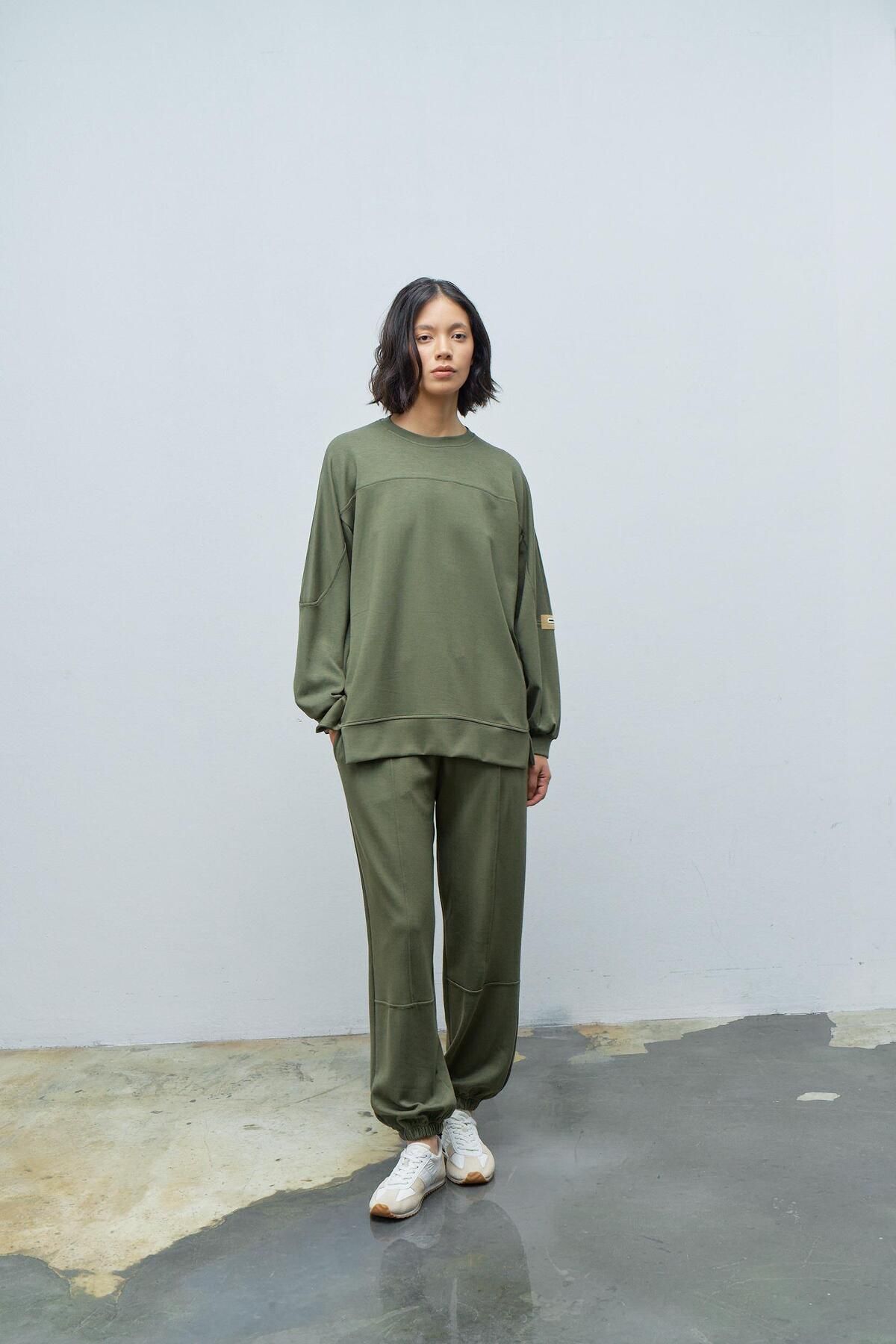 Basicpark-Khaki Women's Jogger Pants and Sleeves Label Detailed Modal Bottom Top Set 2