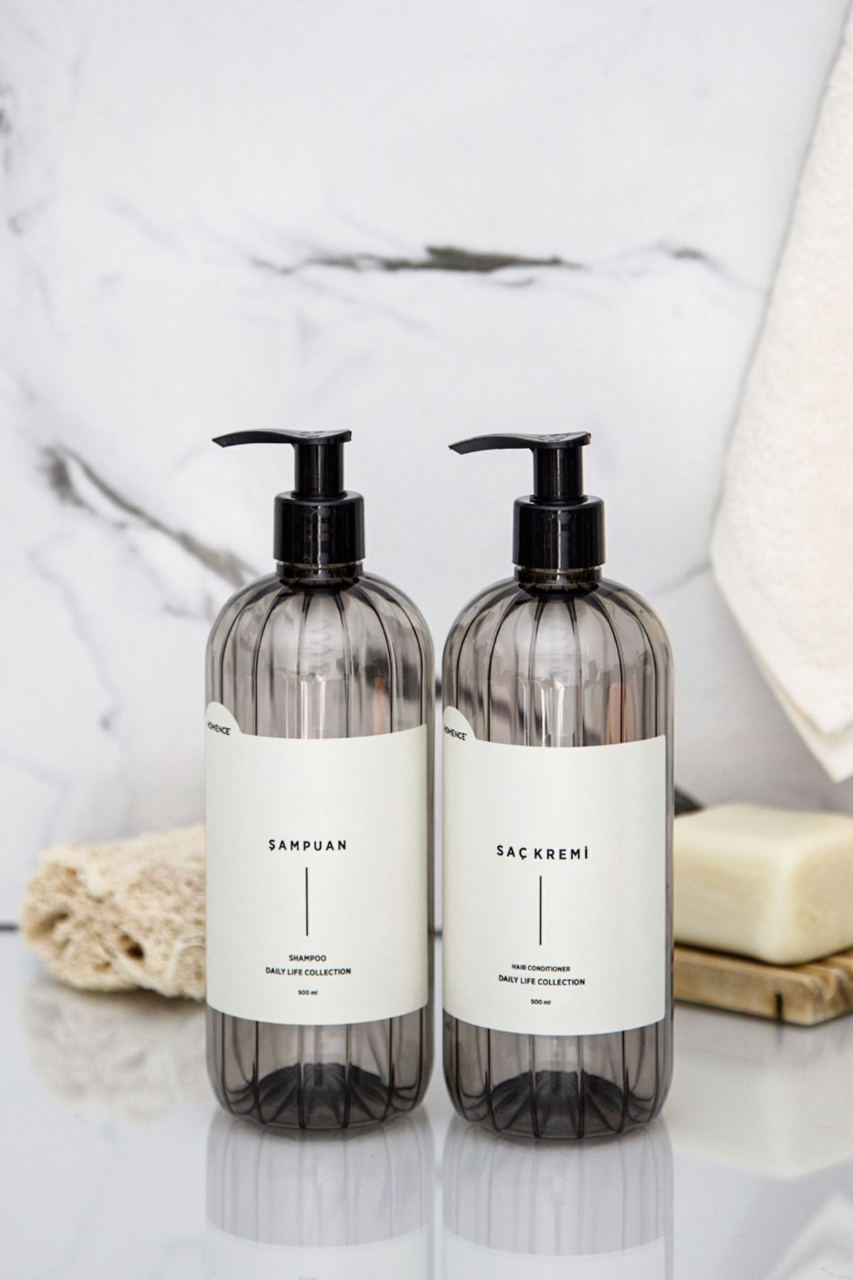 homence-Set of 2 Shampoo Conditioner Label Plastic Bottle Set Smoked Soap Dispenser 500 ml 4
