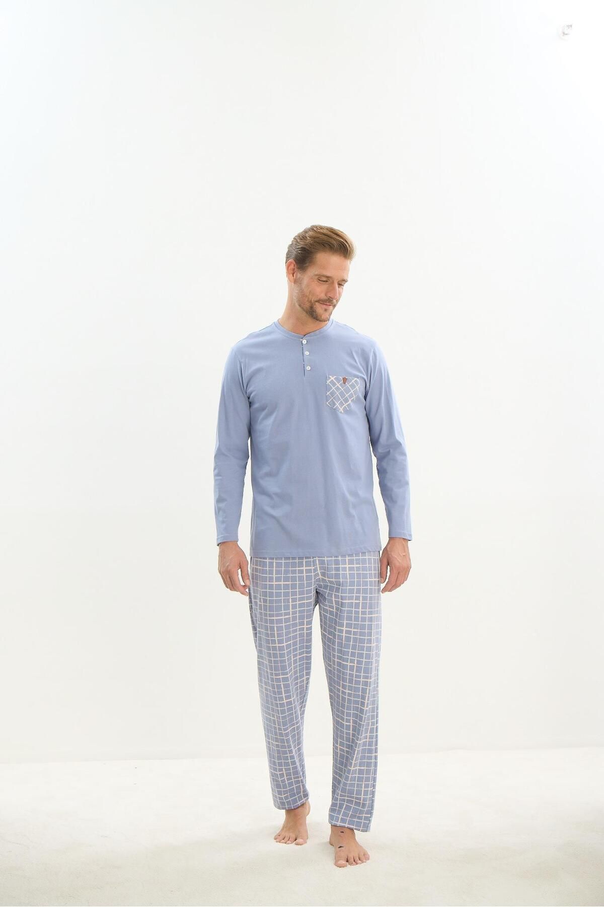 Sevim-Men's Long Sleeve 100% Cotton Blue Pajamas Set 9516 1