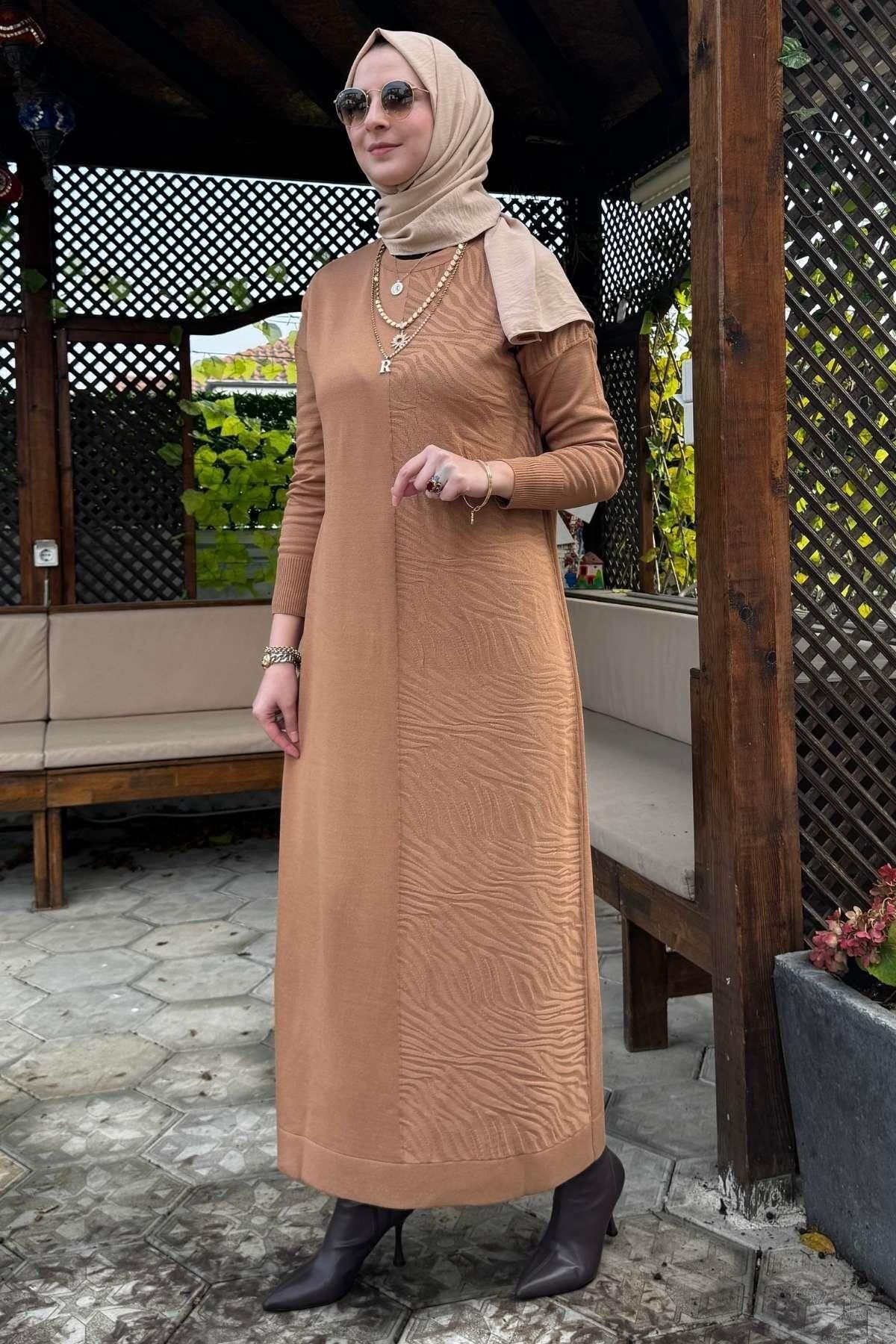 Rabia Şamlı-Camel Zebra Print Knitwear Dress 5